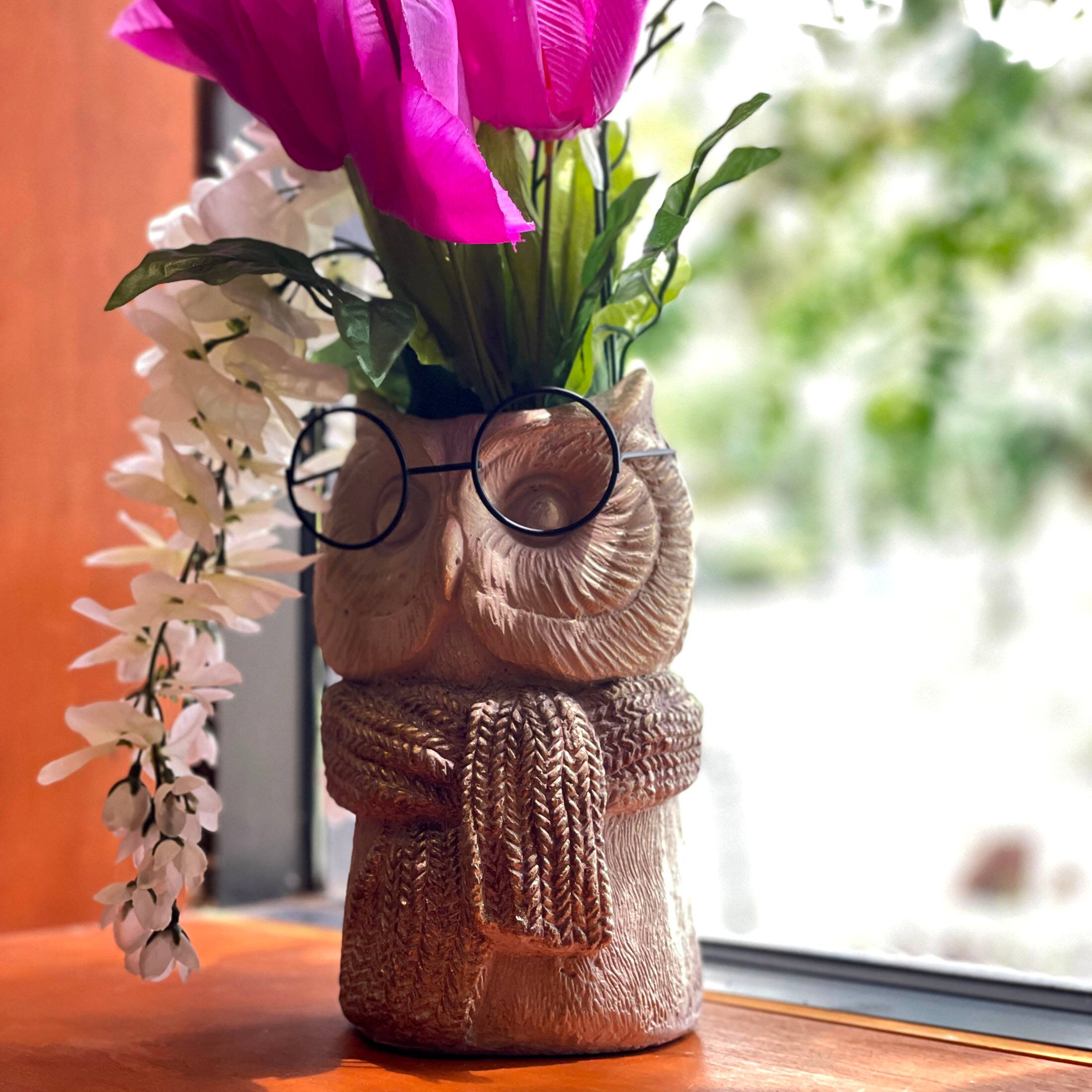 Alt View 3. Things2Die4 - Bespectacled Owl Cement Vase 8.25" Gold Accents Knit Scarf Real Wire Glasses - Taupe.