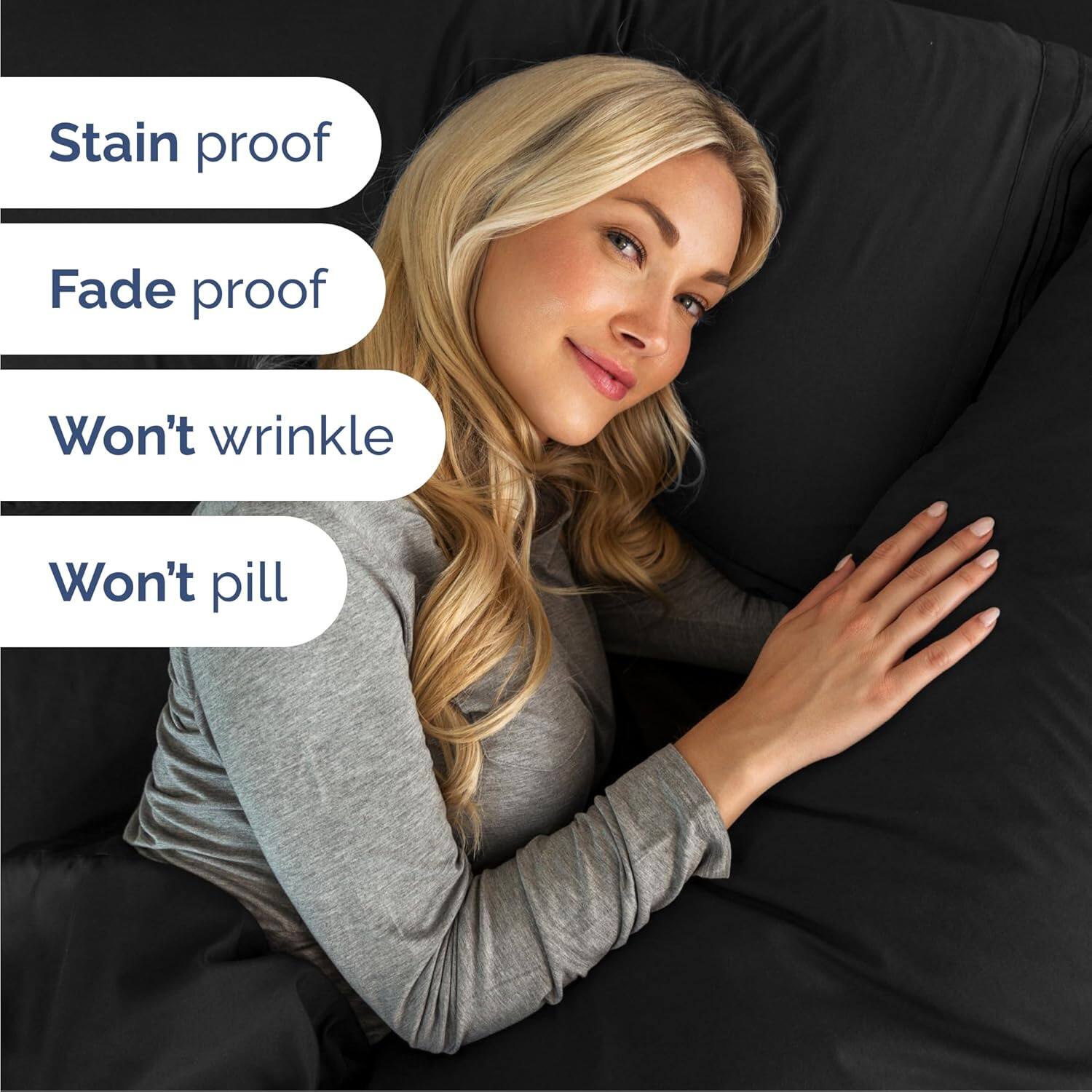 Stain proof  
Fade proof  
Won't wrinkle  
Won't pill