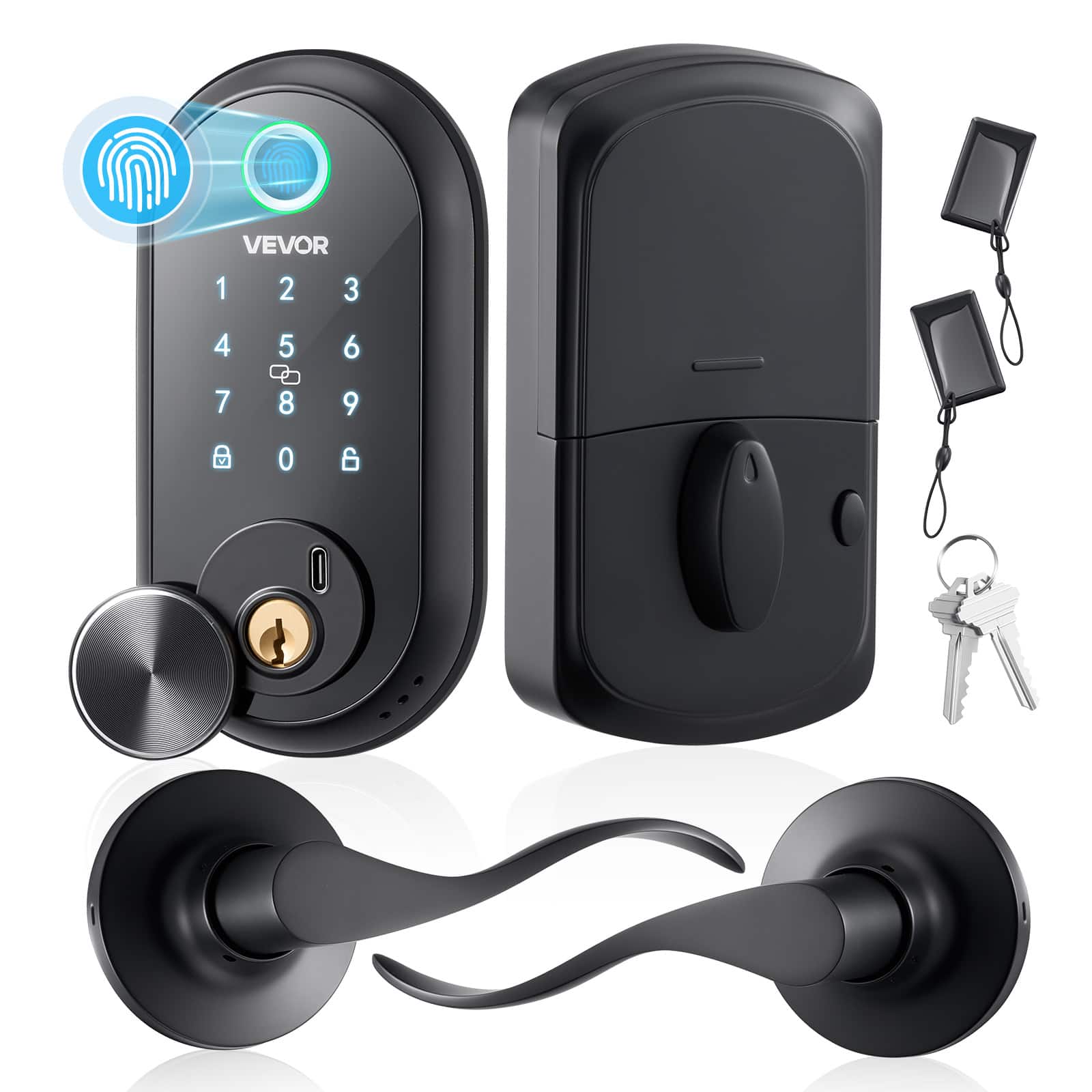 VEVOR - Fingerprint Door Lock Set, Electronic Biometric Deadbolt Keyless Entry Door Lock with Handle, Touchscreen, Auto Locking - Matte Black