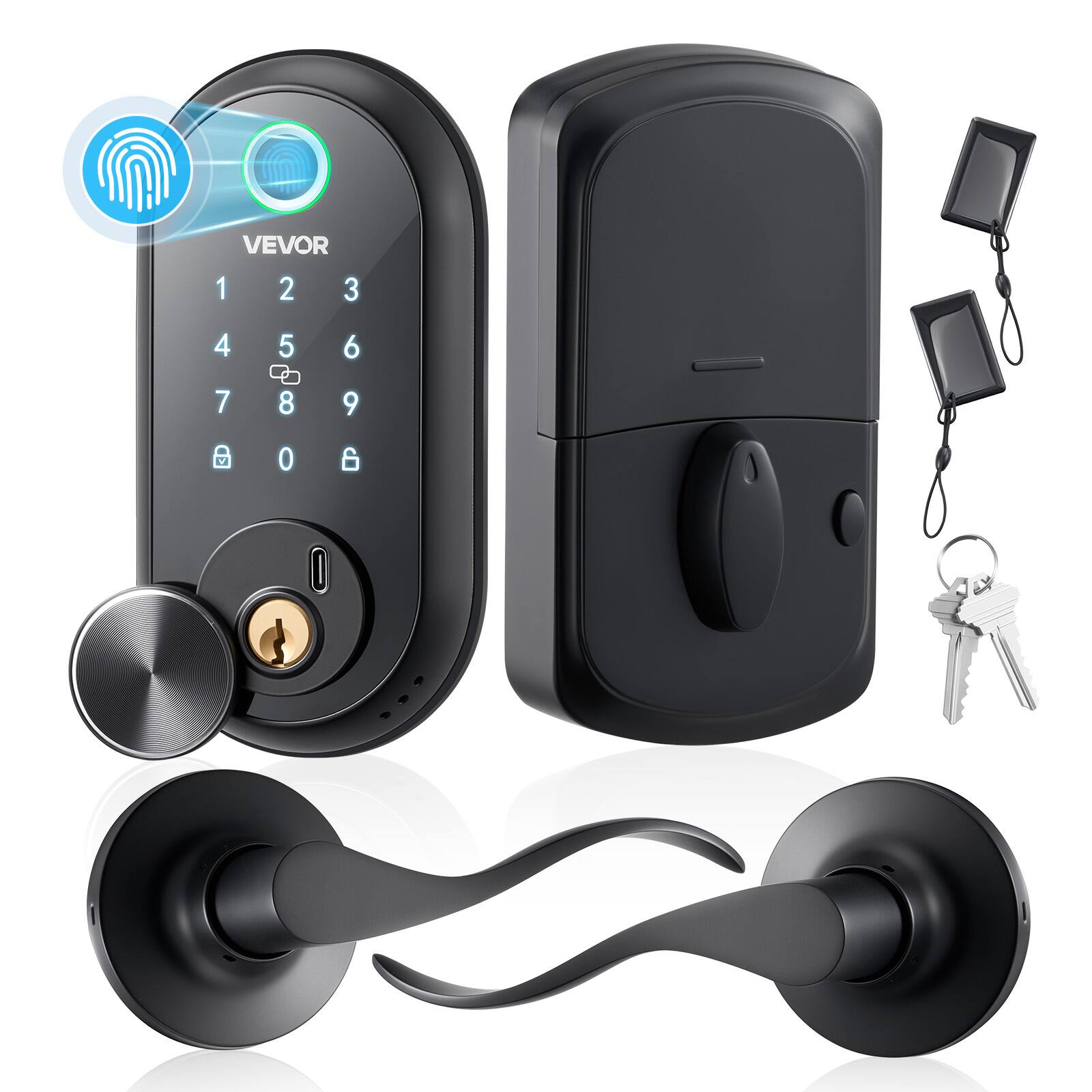 Front. VEVOR - Fingerprint Door Lock Set, Electronic Biometric Deadbolt Keyless Entry Door Lock with Handle, Touchscreen, Auto Locking - Matte black.