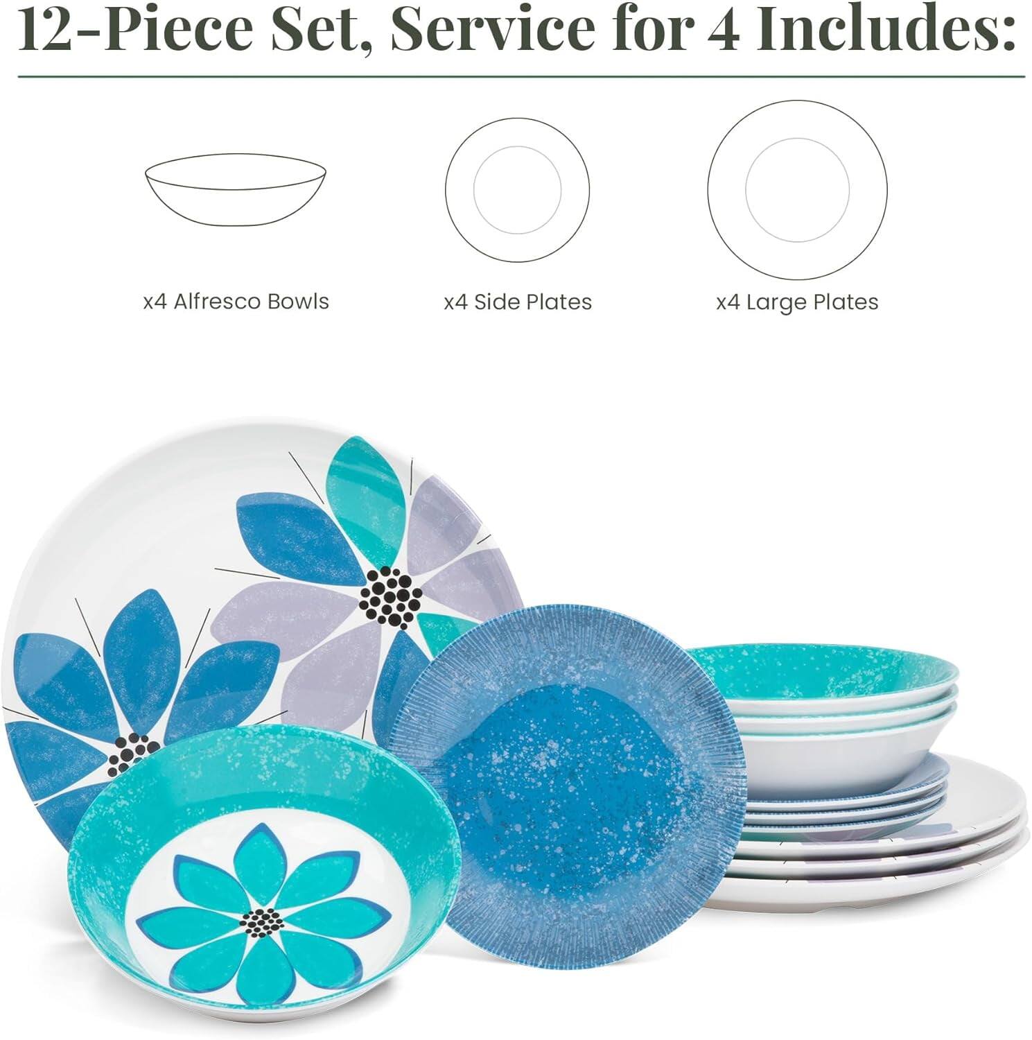 12-Piece Set, Service for 4 Includes:

- x4 Alfresco Bowls
- x4 Side Plates
- x4 Large Plates