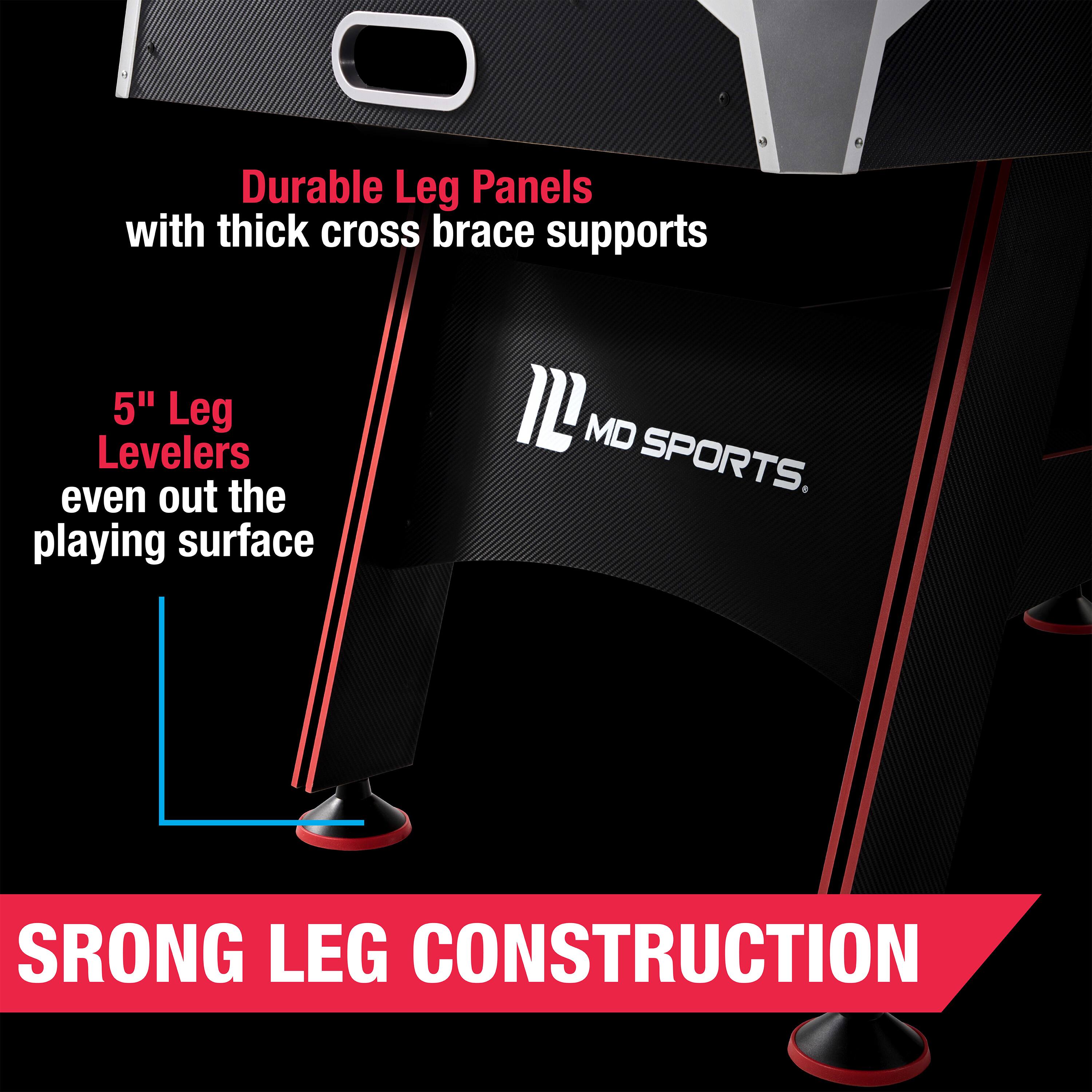 Durable Leg Panels with thick cross brace supports 5" Leg Levelers even out the playing surface. IL MD SPORTS. Strong Leg Construction.