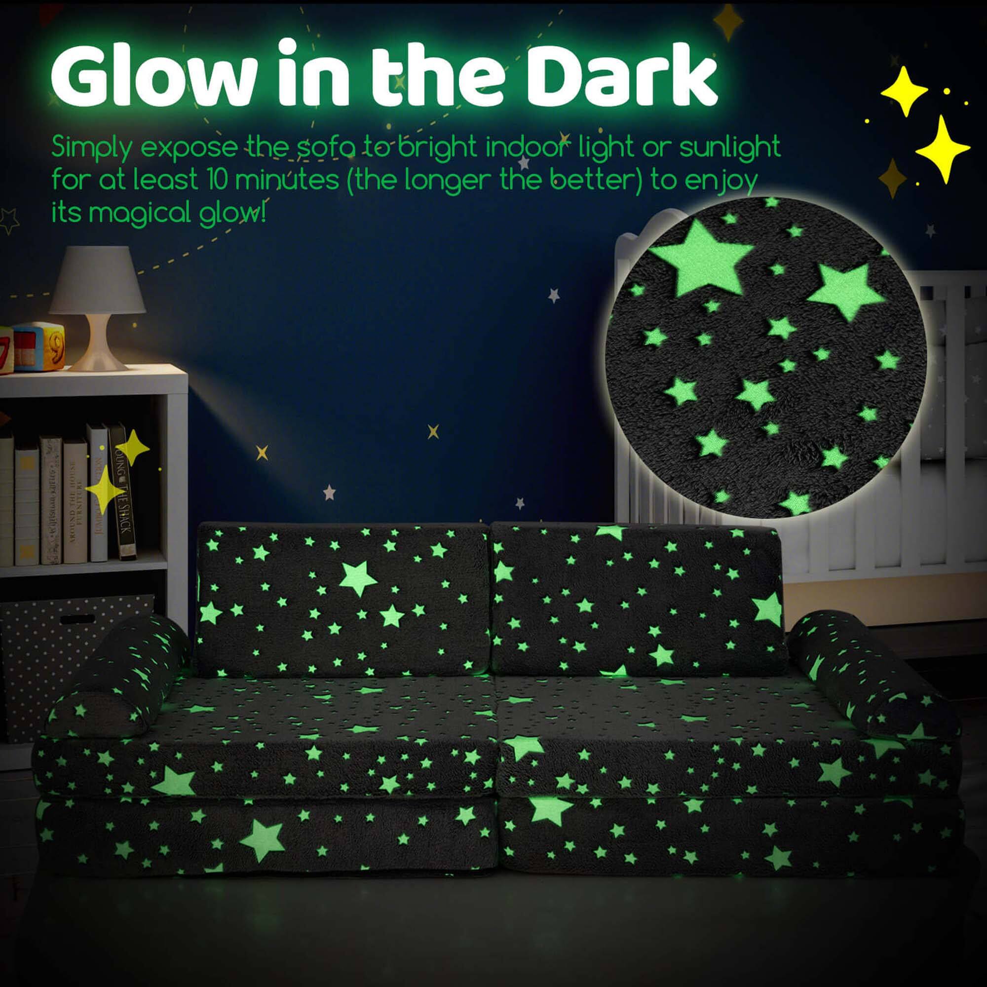 Glow in the Dark

Simply expose the sofa to bright indoor light or sunlight for at least 10 minutes (the longer the better) to enjoy its magical glow!