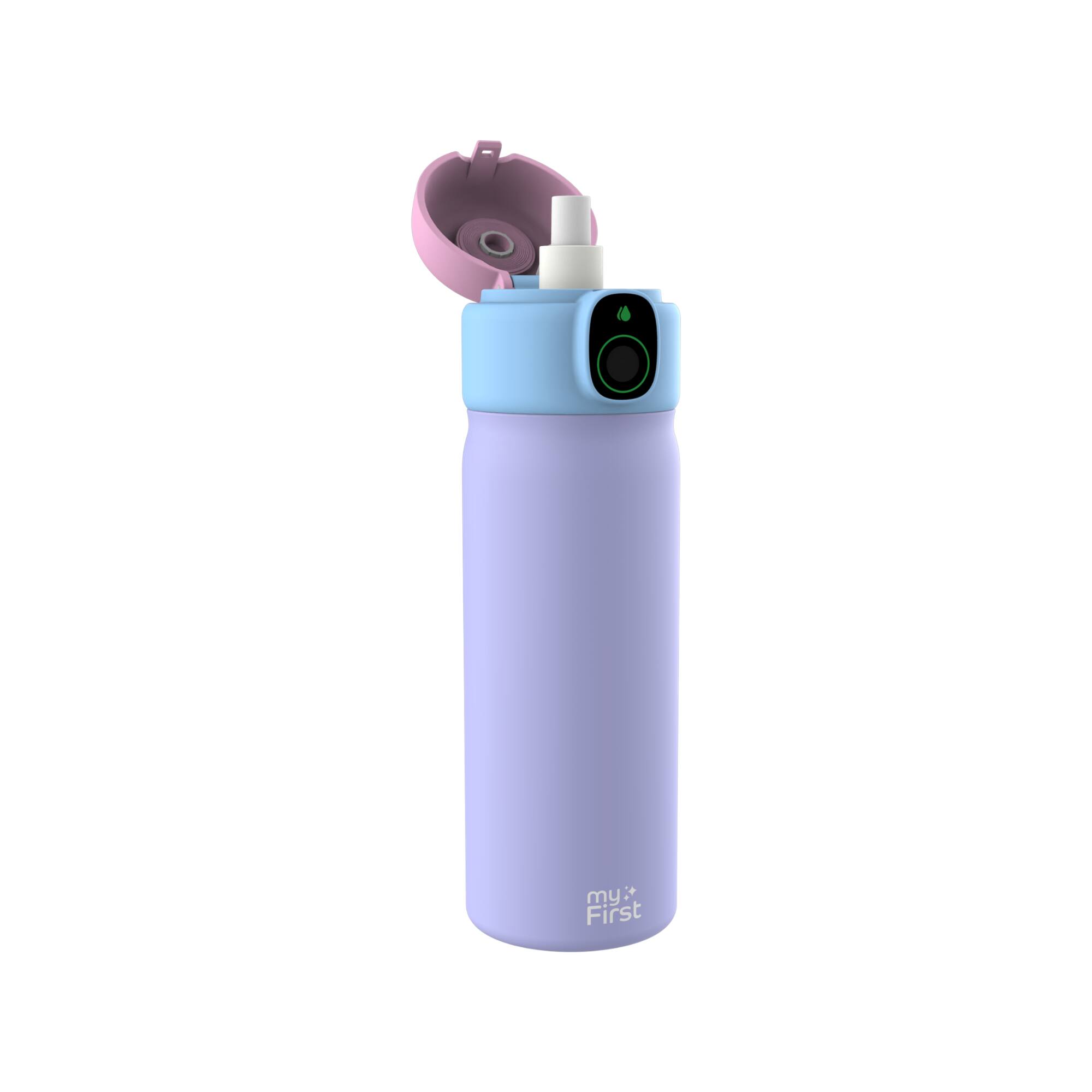 Angle. myFirst - myFirst CareSip 530ml Smart Thermal Water Bottle, Fingerprint Unlock, Stainless Steel Leakproof Kids Bottle - Purple - Purple.