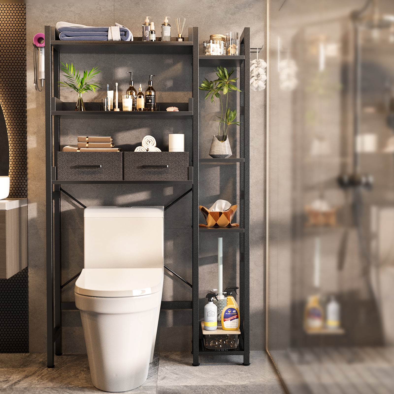 Front. Aheaplus - Over the Toilet Storage with 2 Drawers, 7-Tier Freestanding Space Save Bathroom Organizer Shelf with 4 Hooks - Black.