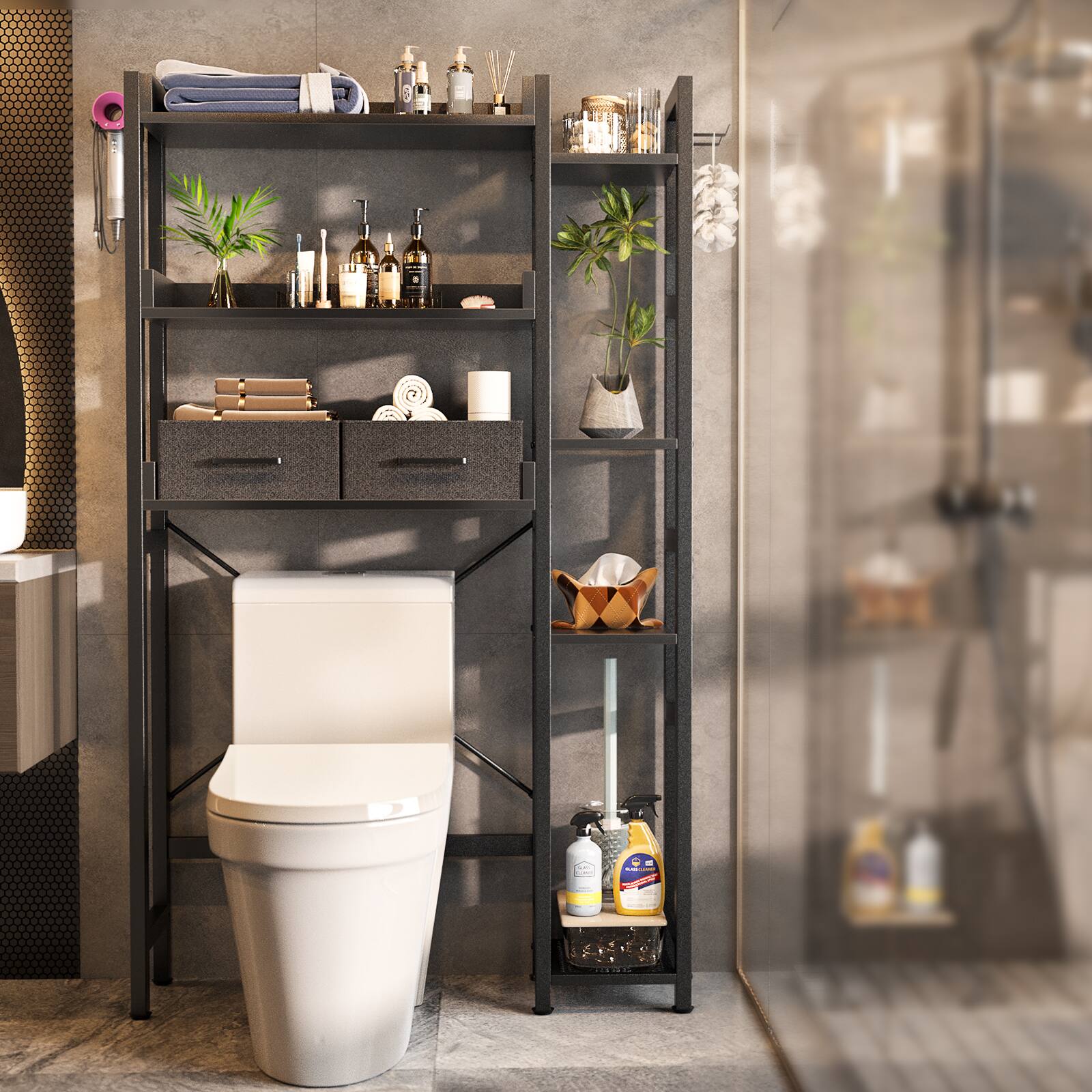 Front. Aheaplus - Over the Toilet Storage with 2 Drawers, 7-Tier Freestanding Space Save Bathroom Organizer Shelf with 4 Hooks - Black.