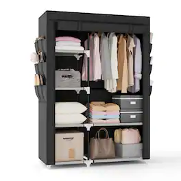 ThinkLink Electronic - Wardrobe Closet Wide Portable Closets For Hanging Clothes With 1 Rod 6 Shelves 6 Pockets Rack Cover Bedroom - Black