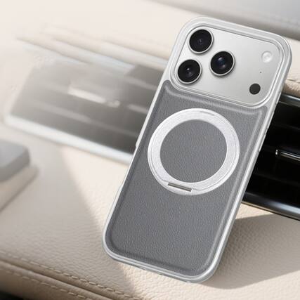 Front. Dteck - Magnetic Shockproof Case for Apple iPhone 17 Pro Max with 360 Rotating Ring Stand, PU Leather Hard PC Protective Cover - Gray.