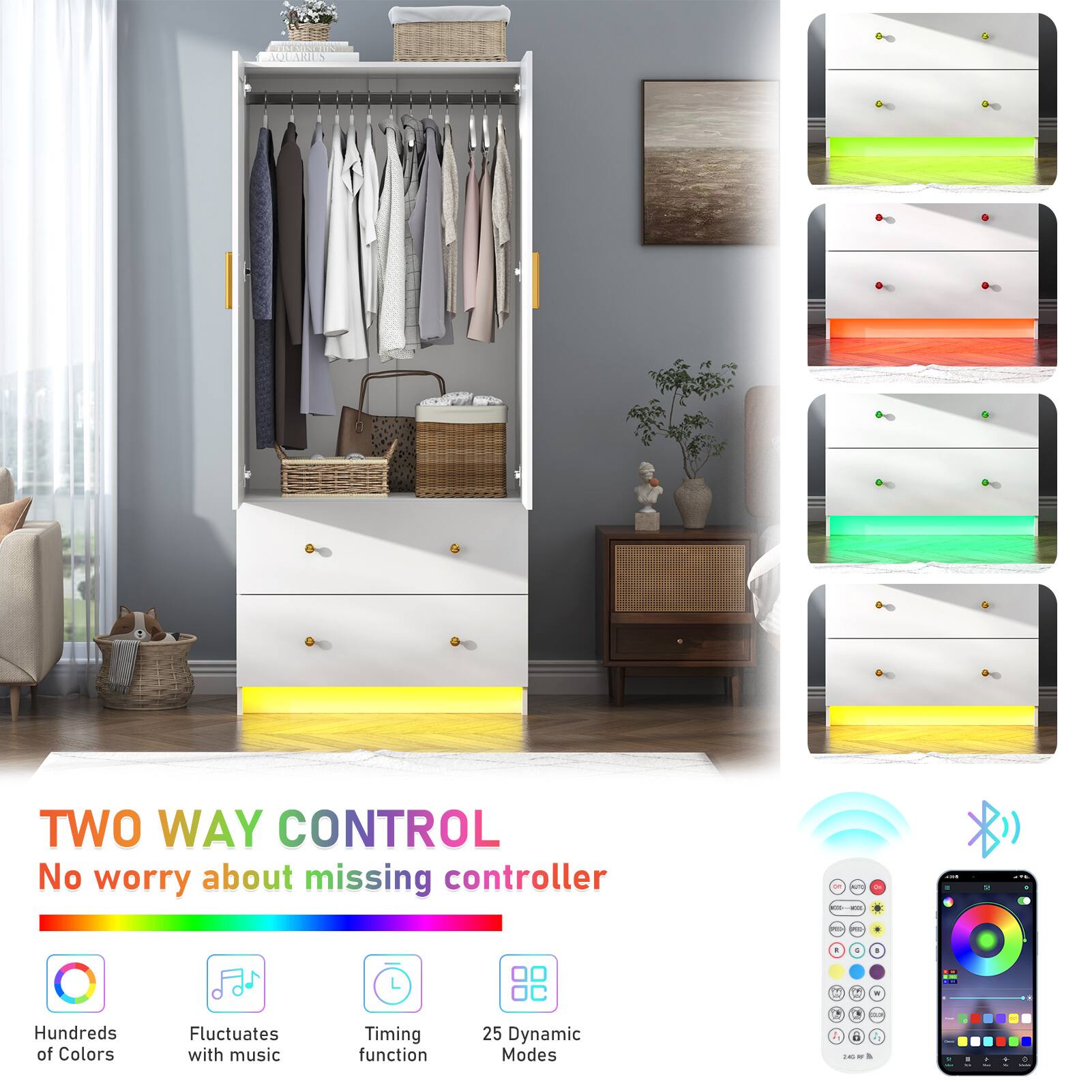 **TWO WAY CONTROL**  
No worry about missing controller

- Hundreds of Colors
- Fluctuates with music
- Timing function
- 25 Dynamic Modes
