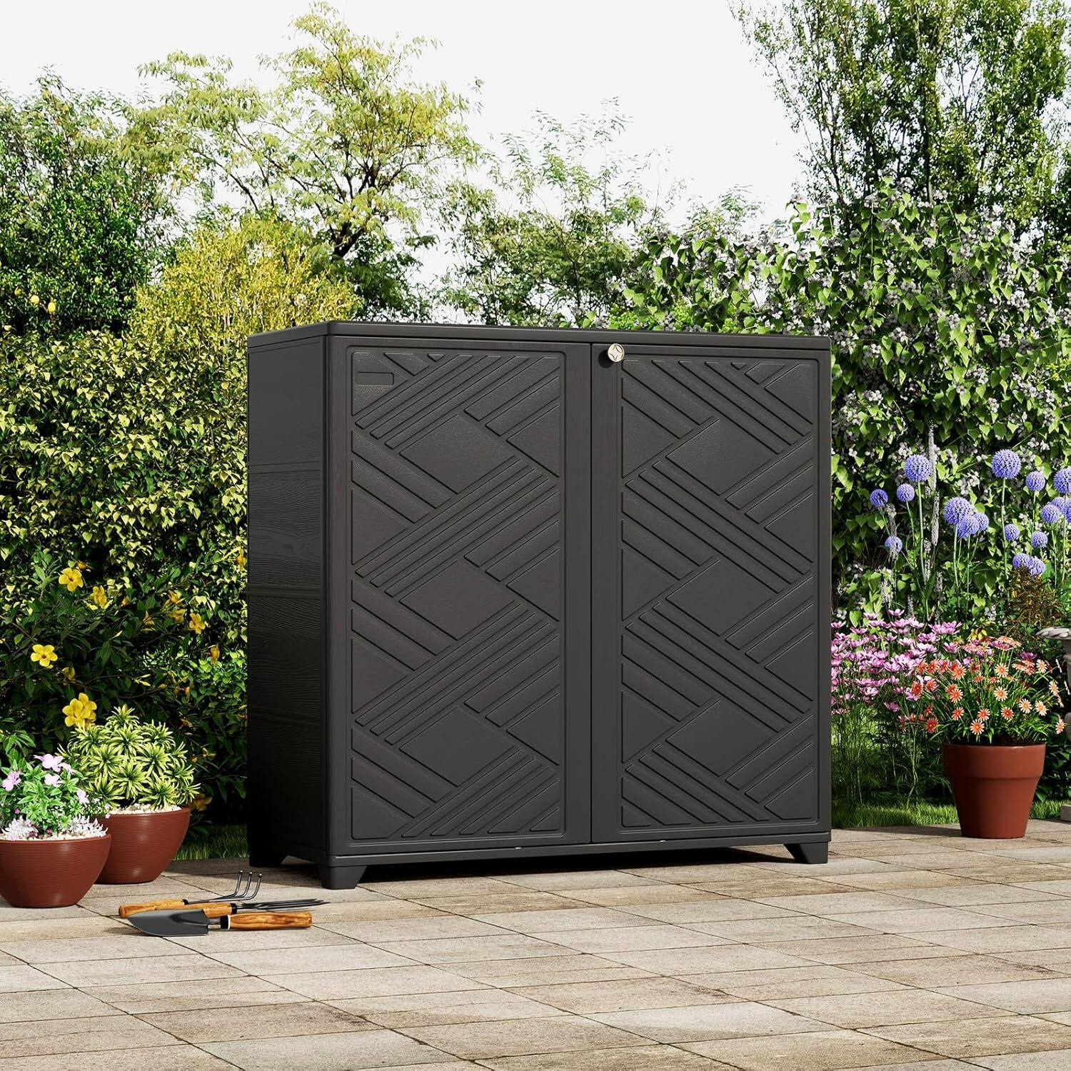 Angle. Yardgrace - Outdoor Storage Locker 34.3 in. x 15.1 in. x 33.5 in Resin Large Waterproof 80 Gal. Deck Box - Black No shelves.