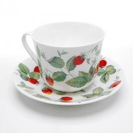 Jiallo - Roy Kirkham Breakfast Cup/Saucer - Alpine Strawberry Set of 2, Bone China Ceramic Made in England - Mutli color