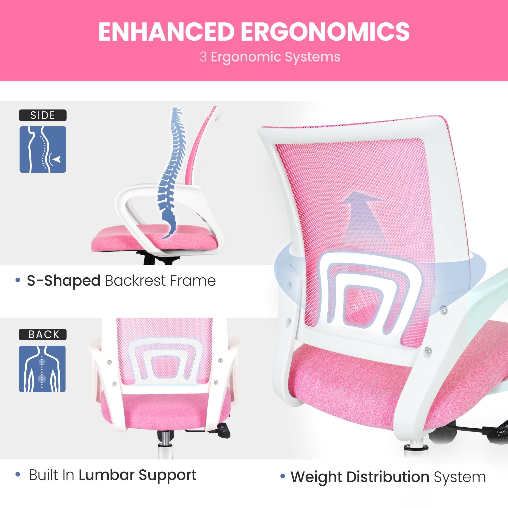 ENHANCED ERGONOMICS  
3 Ergonomic Systems

- S-Shaped Backrest Frame
- Built In Lumbar Support
- Weight Distribution System
