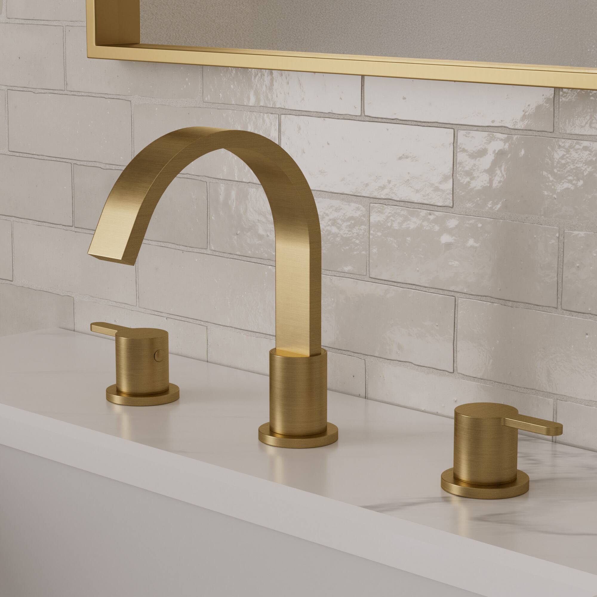 Angle. GRANDJOY - Modern Waterfall Bathroom Sink Faucet with Dual Handles, and 3‑Hole Installation - Brushed Gold.