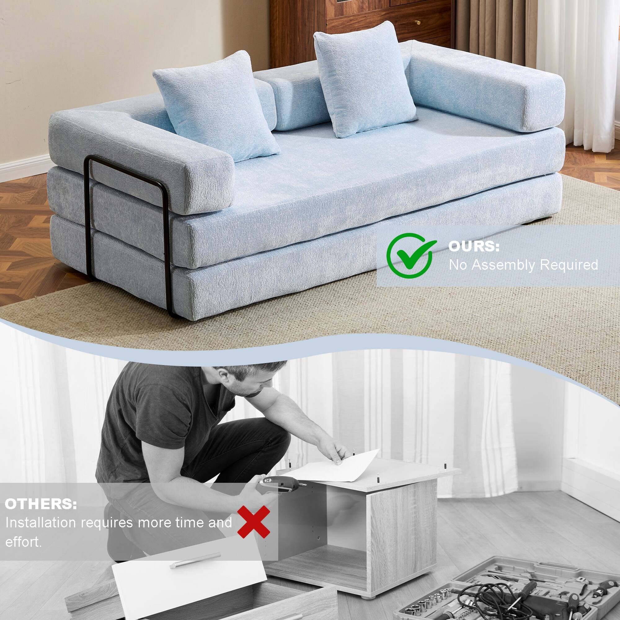 OURS: No Assembly Required  
OTHERS: Installation requires more time and effort.