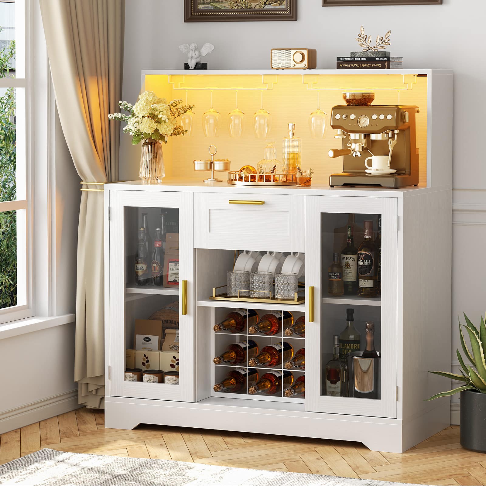Aheaplus - Wine Bar Cabinet with LED Lights and Outlets, Liquor Bar Cabinet with Drawer, Grid Wine Rack, and Glass Holder - White