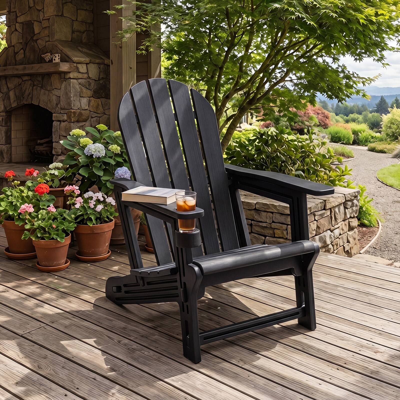 Alt View 3. Gymax - Gymax Adirondack Chair Set of 2 w/ Cup Holder & Wooden Texture for Lawn Patio - Black.
