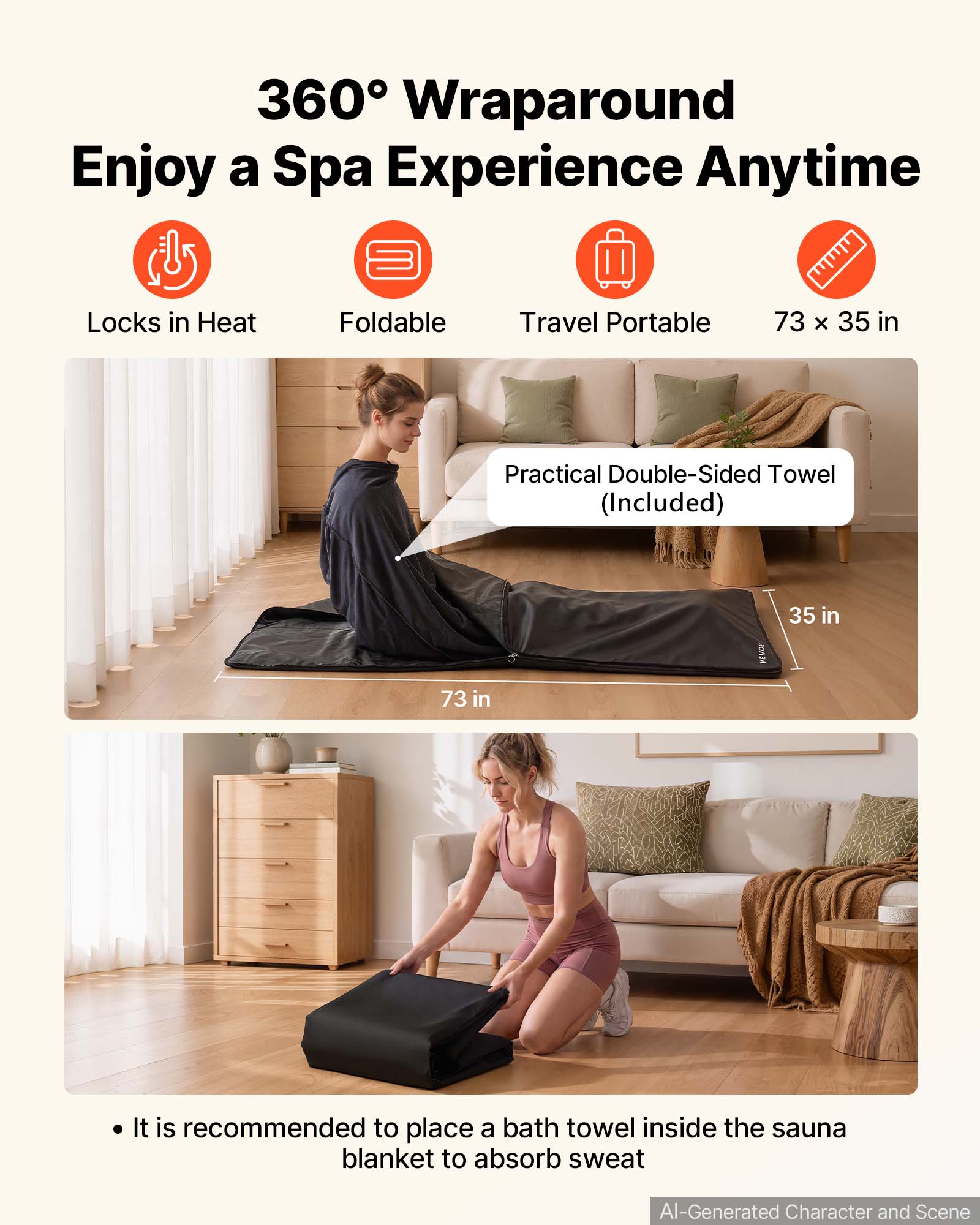 360° Wraparound  
Enjoy a Spa Experience Anytime

- Locks in Heat
- Foldable
- Travel Portable
- 73 x 35 in

Practical Double-Sided Towel (Included)

73 in  
35 in

- It is recommended to place a bath towel inside the sauna blanket to absorb sweat

AI-Generated Character and Scene