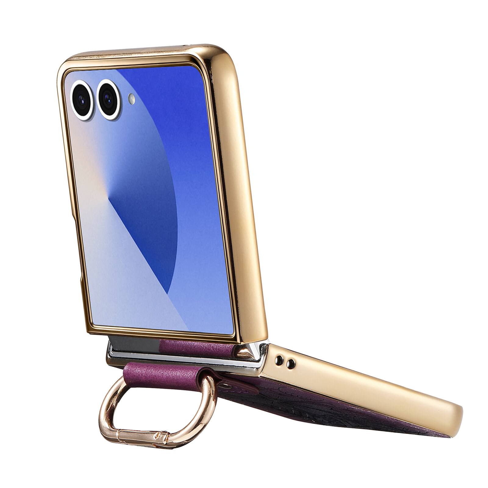 Angle. Dteck - Shockproof Floral Leather Texture Case for Samsung Galaxy Z Flip8, Electroplated Rigid Plastic Cover with Ring Holder - Purple.