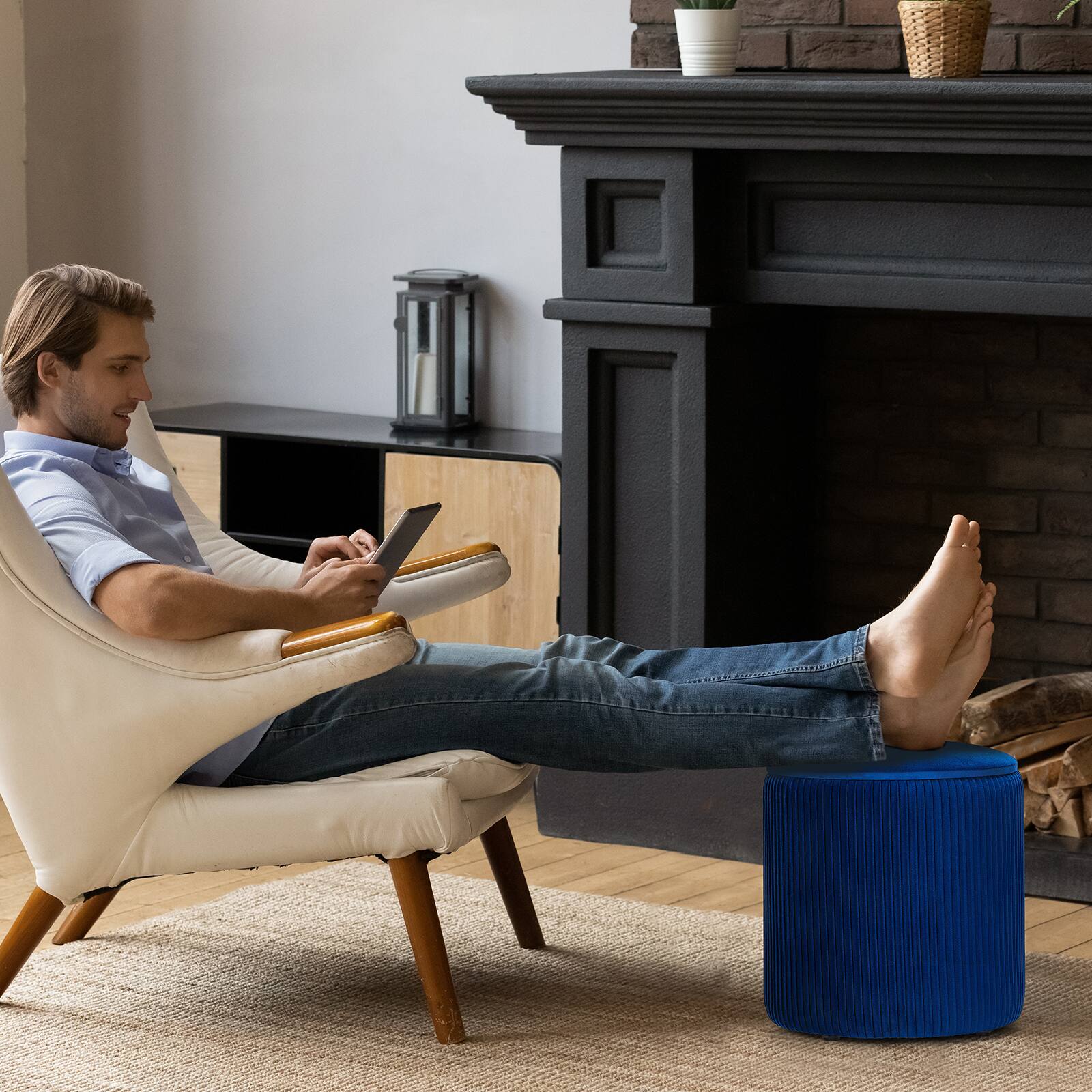 Alt View 1. Oumilen - 2 Pack Navy Blue Velvet Round Storage Ottomans – Large & Small Flip Wooden Lid Foot Stool Set for Living Room - Blue.