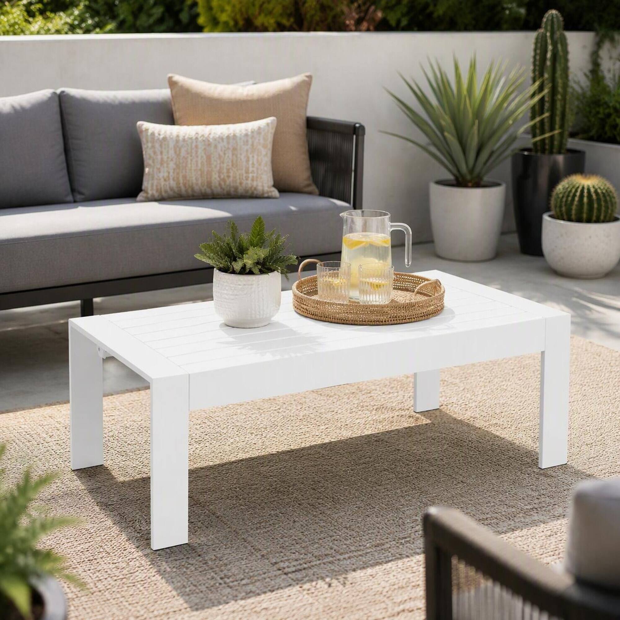 Left. RYHNUYNE - Modern 43" Outdoor Coffee Table in Matte White Aluminum,Outdoor Furniture for Deck Balcony Poolside and Porch - White.