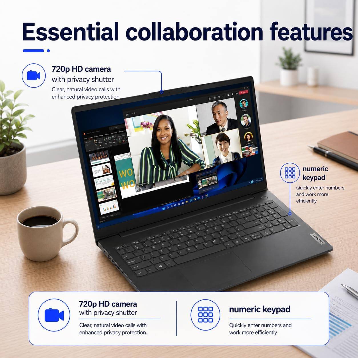 Essential collaboration features

720p HD camera with privacy shutter
Clear, natural video calls with enhanced privacy protection

numeric keypad
Quickly enter numbers and work more efficiently.
