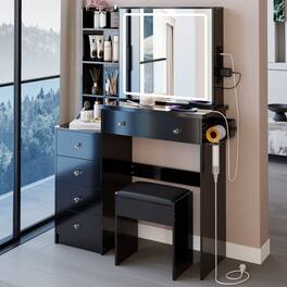 Loheer - Makeup Vanity Table with Cushioned Stool, Touch Control LED Sliding Mirror, MDF - Black
