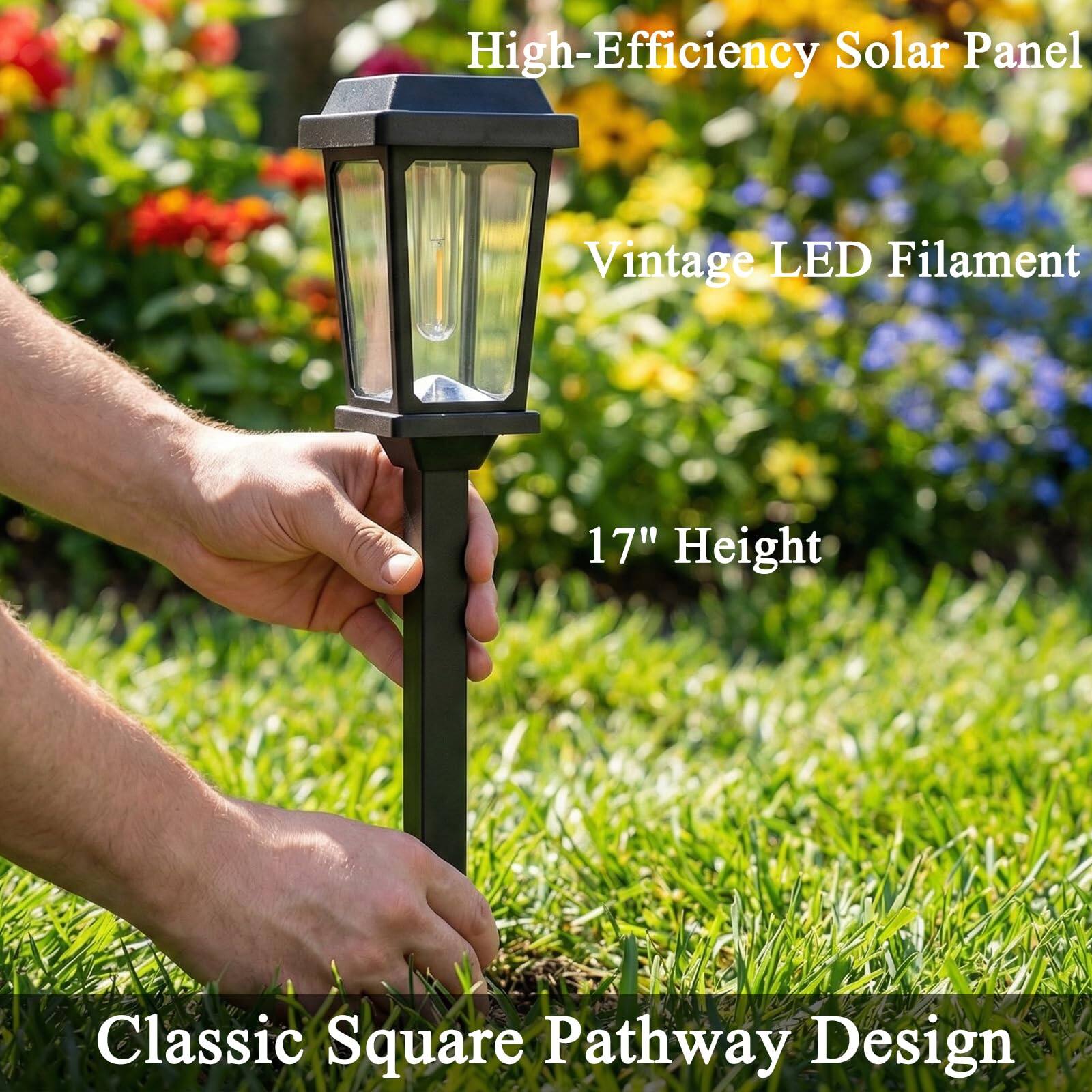 High-Efficiency Solar Panel  
Vintage LED Filament  
17" Height  
Classic Square Pathway Design