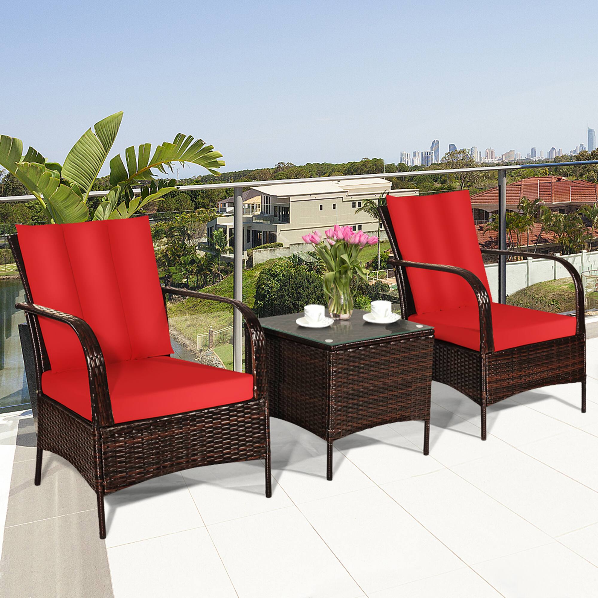 Alt View 3. Gymax - Gymax 3PCS Patio Rattan Conversation Set Outdoor Furniture Set w/ Table Cushions - as pic.