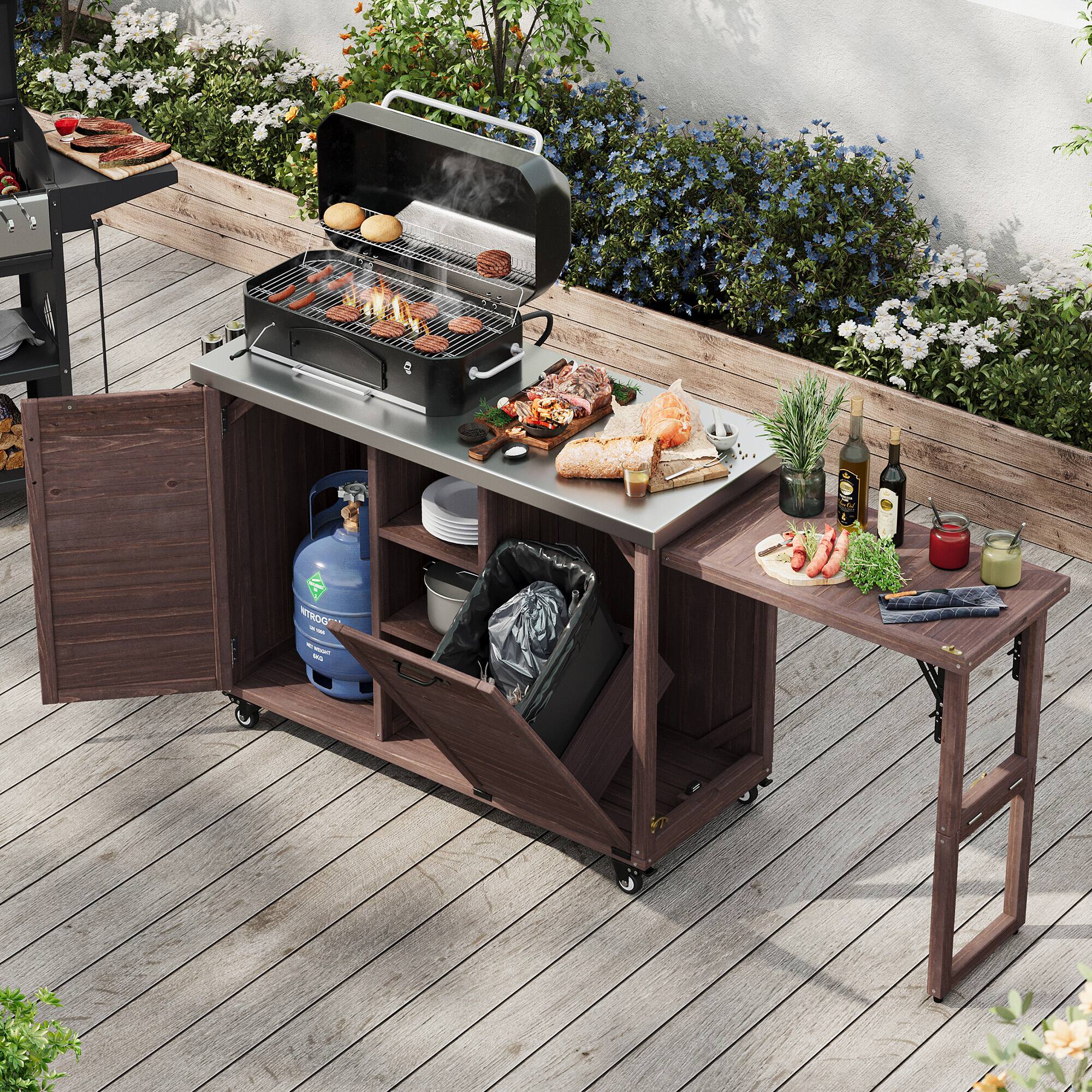 Front. PexFix - 78.3" Outdoor Kitchen Island with Foldable Table, Trash Storage & Stainless Top, Wood Pizza Oven Cart for Lawn & Garden - Dark Brown.