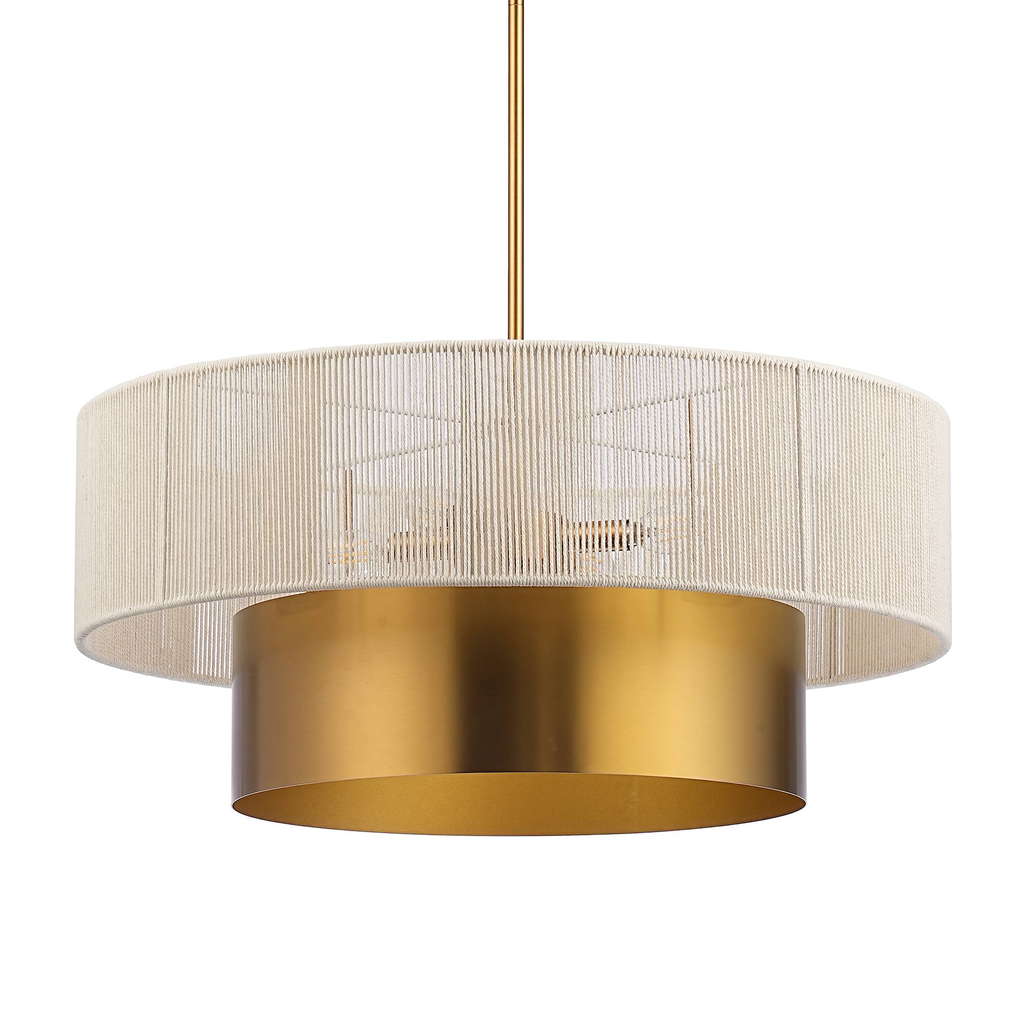 Alt View 7. Parrot Uncle - 24" Modern Boho Handwoven Rope 5 Light Tiered Drum Chandelier with Adjustable Downrods - Vintage Brass.