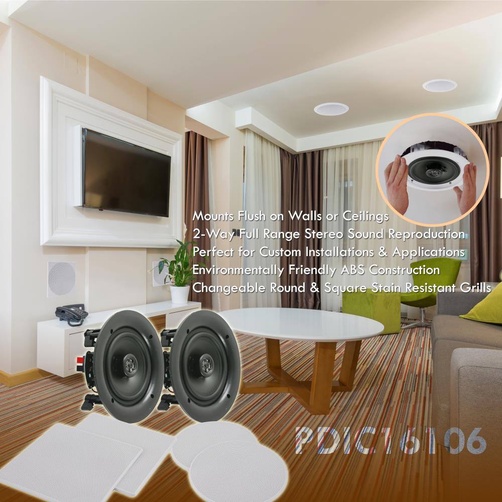 Mounts Flush on Walls or Ceilings  
2-Way Full Range Stereo Sound Reproduction  
Perfect for Custom Installations & Applications  
Environmentally Friendly ABS Construction  
Changeable Round & Square Stain Resistant Grills  

PDICT6106