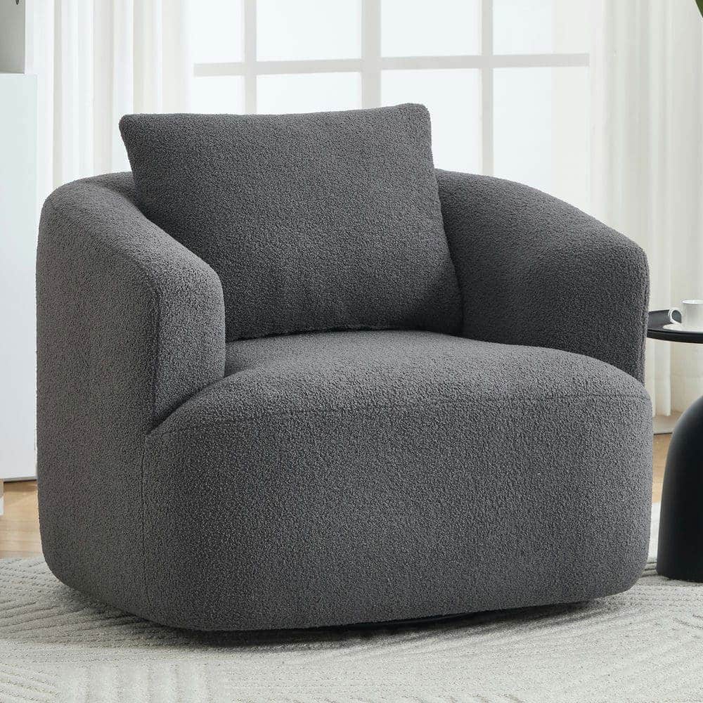 Kadyn - 360-Degree Swivel Lounge Chair, Plush Teddy Fleece with Attached Pillow - Ready to Use Immediately, Dark Grey - Gray