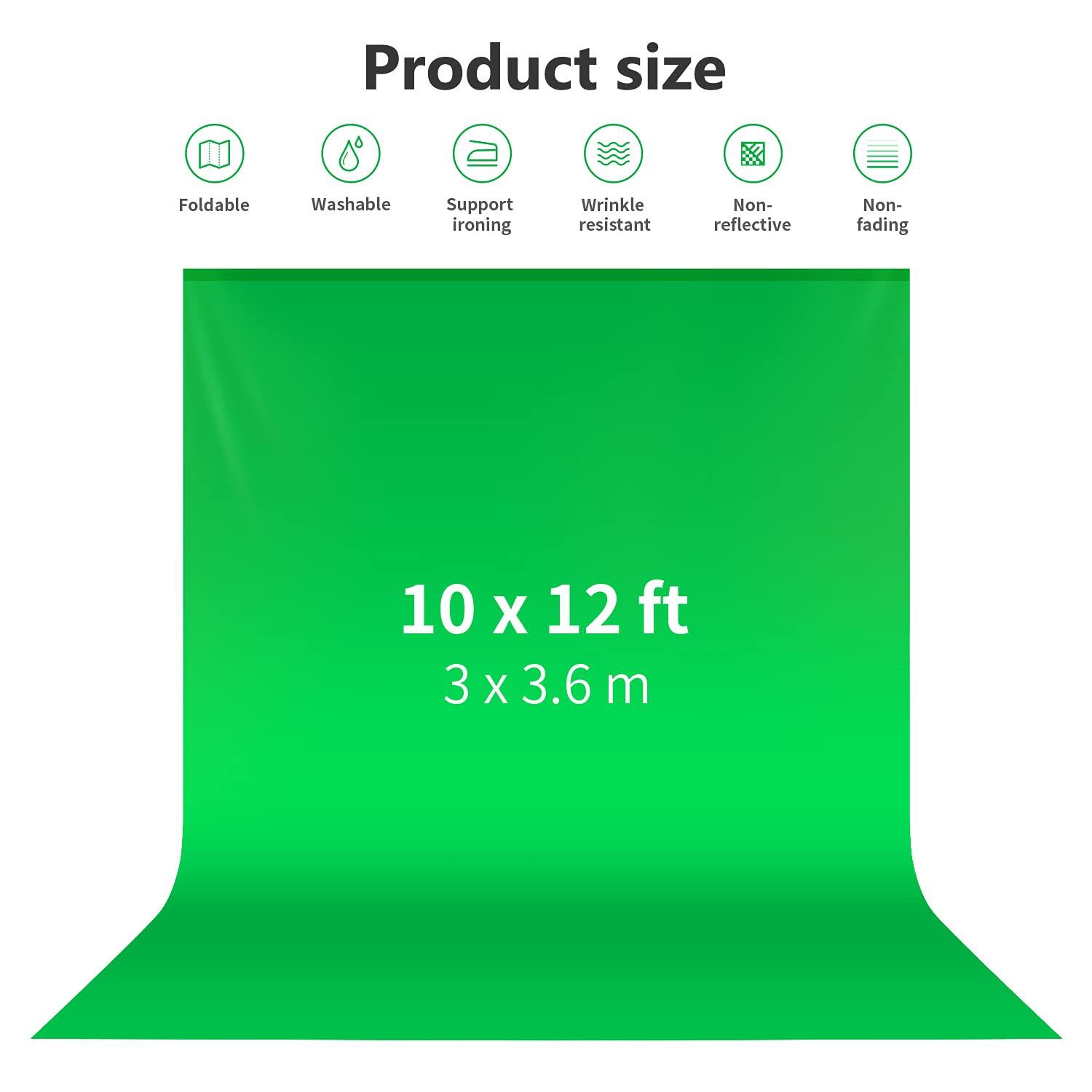 Product size: Foldable, Washable, Support ironing, Wrinkle resistant, Non-reflective, Non-fading  
10 x 12 ft  
3 x 3.6 m