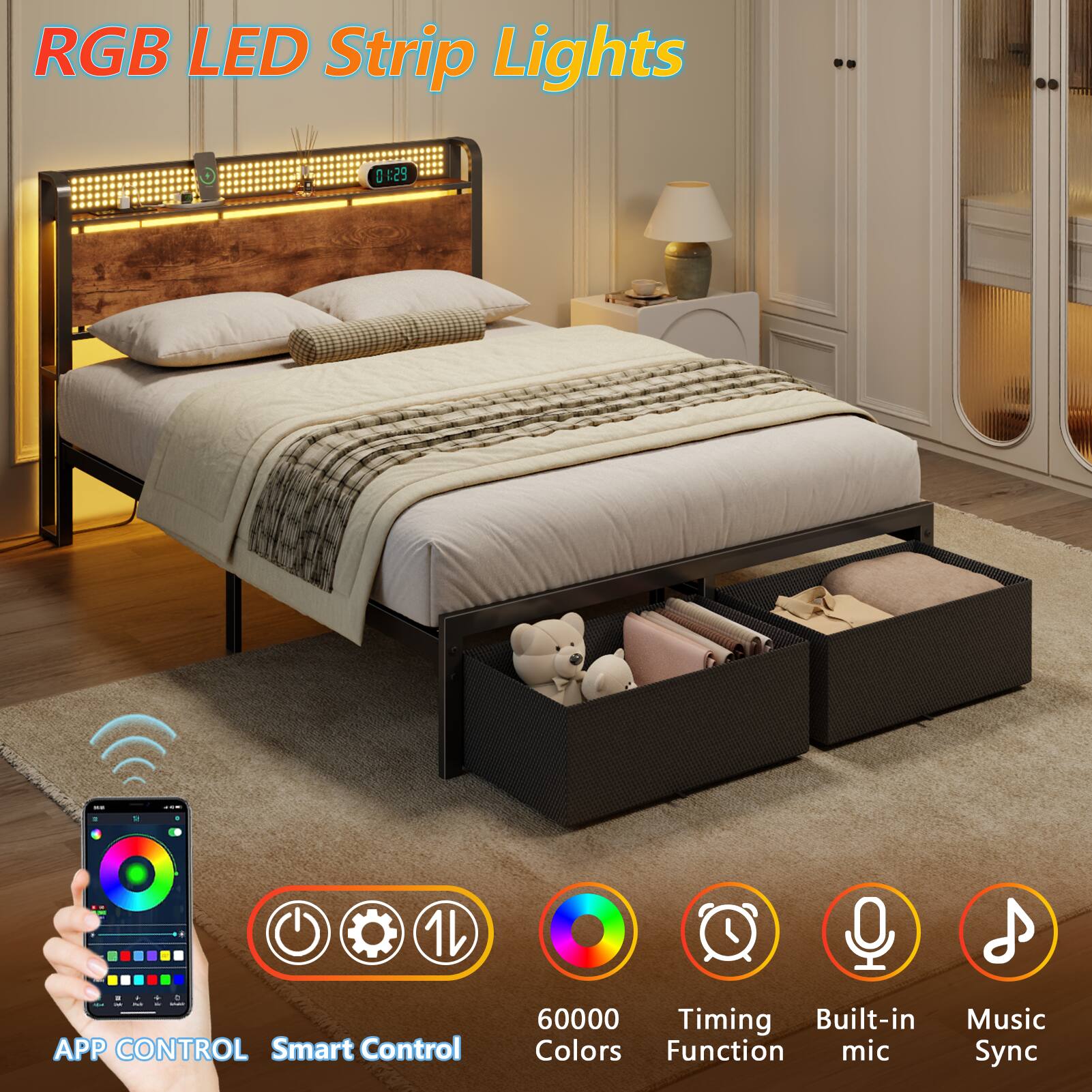 RGB LED Strip Lights

- APP CONTROL
- Smart Control
- 60000 Colors
- Timing Function
- Built-in mic
- Music Sync