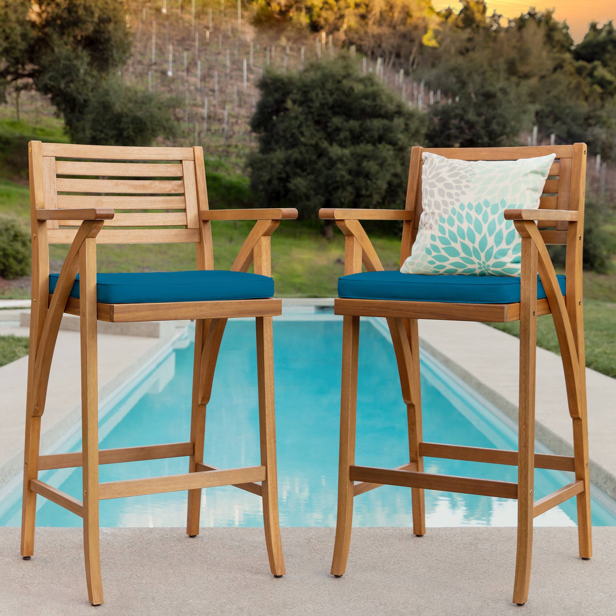 Alt View 2. Best Choice Products - Best Choice Products Set of 2 Outdoor Acacia Wood Bar Stools Bar Chairs w/ Weather-Resistant Cushions - Peacock Blue - Peacock Blue.