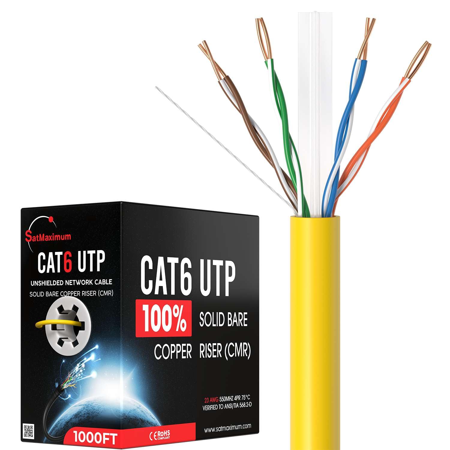 SatMaximum CAT6 UTP UNSHIELDED NETWORK CABLE SOLID BARE COPPER RISER (CMR) CAT6 UTP 100% SOLID BARE COPPER RISER (CMR) ANG 550MHZ 4PR 75C 23 VERIFIED TO ANSI/TIA 568.2-0 : S 1000FT (ROHS) www.satmaximum.com