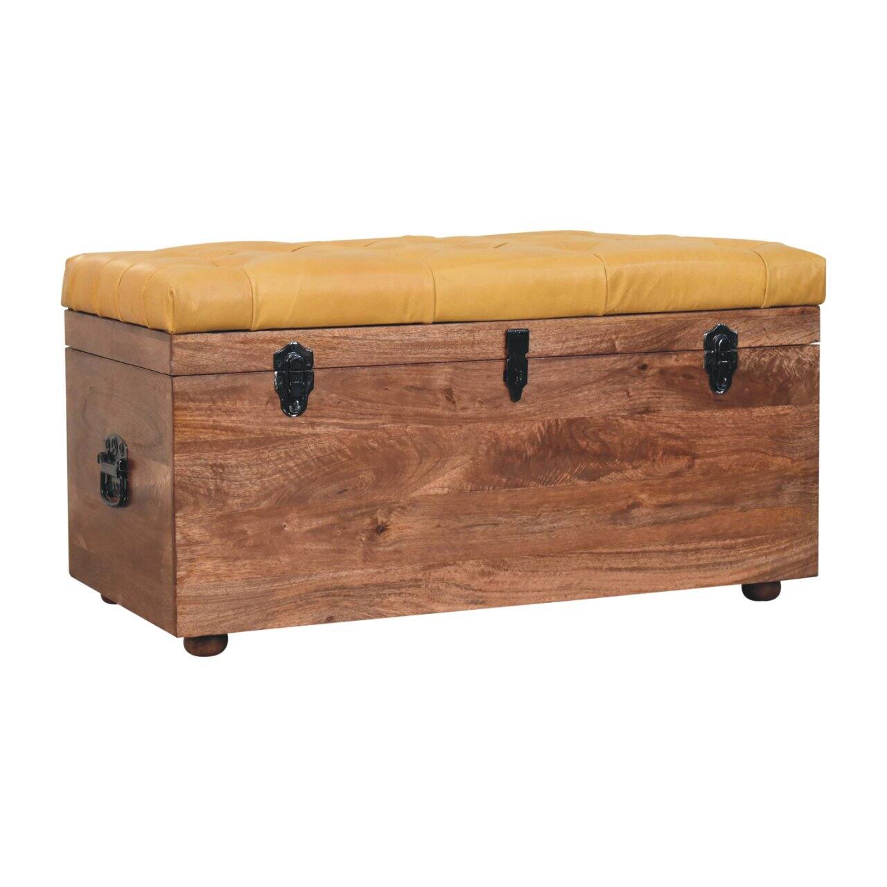 Left. Artisan Furniture - Artisan Furniture Solid Wood Buffalo Hide Honey Caramel Storage Trunk, Upholstered, Brown - Brown.
