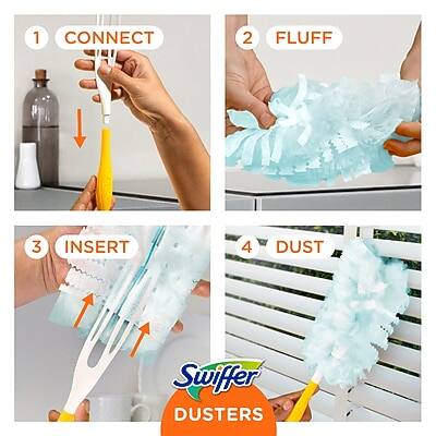 1. CONNECT  
2. FLUFF  
3. INSERT  
4. DUST  

Swiffer Dusters