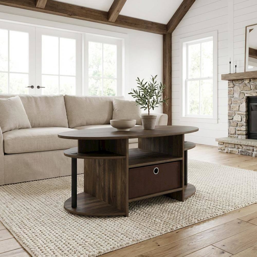Angle. FurniFact - Oval Coffee Table Columbia Walnut Black with Simple Design and Sturdy Legs - Columbia Walnut/Black/Dark Brown.