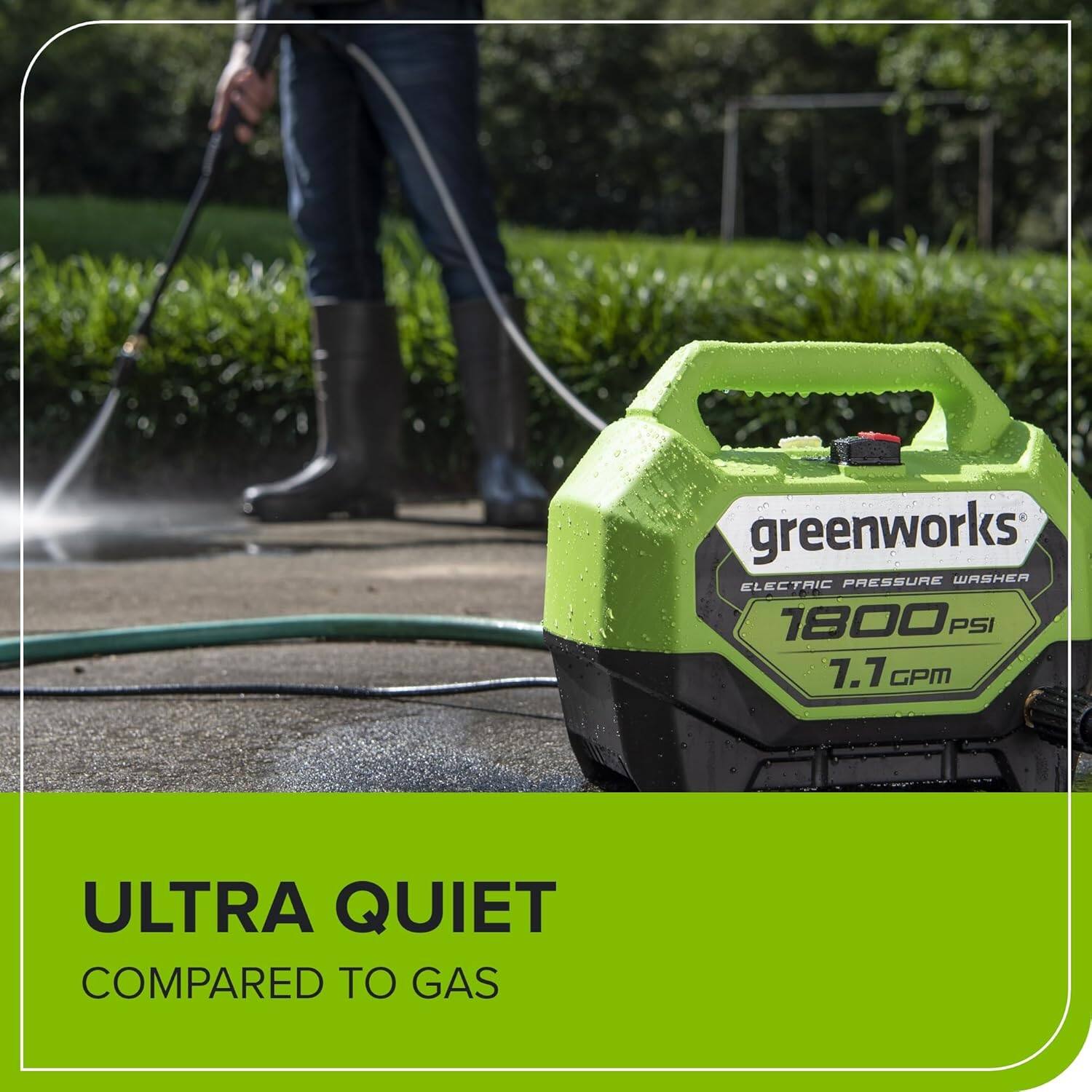 greenworks PRESSURE WASHER ELECTRIC 1800 PSI 7.7 GPM ULTRA QUIET COMPARED TO GAS