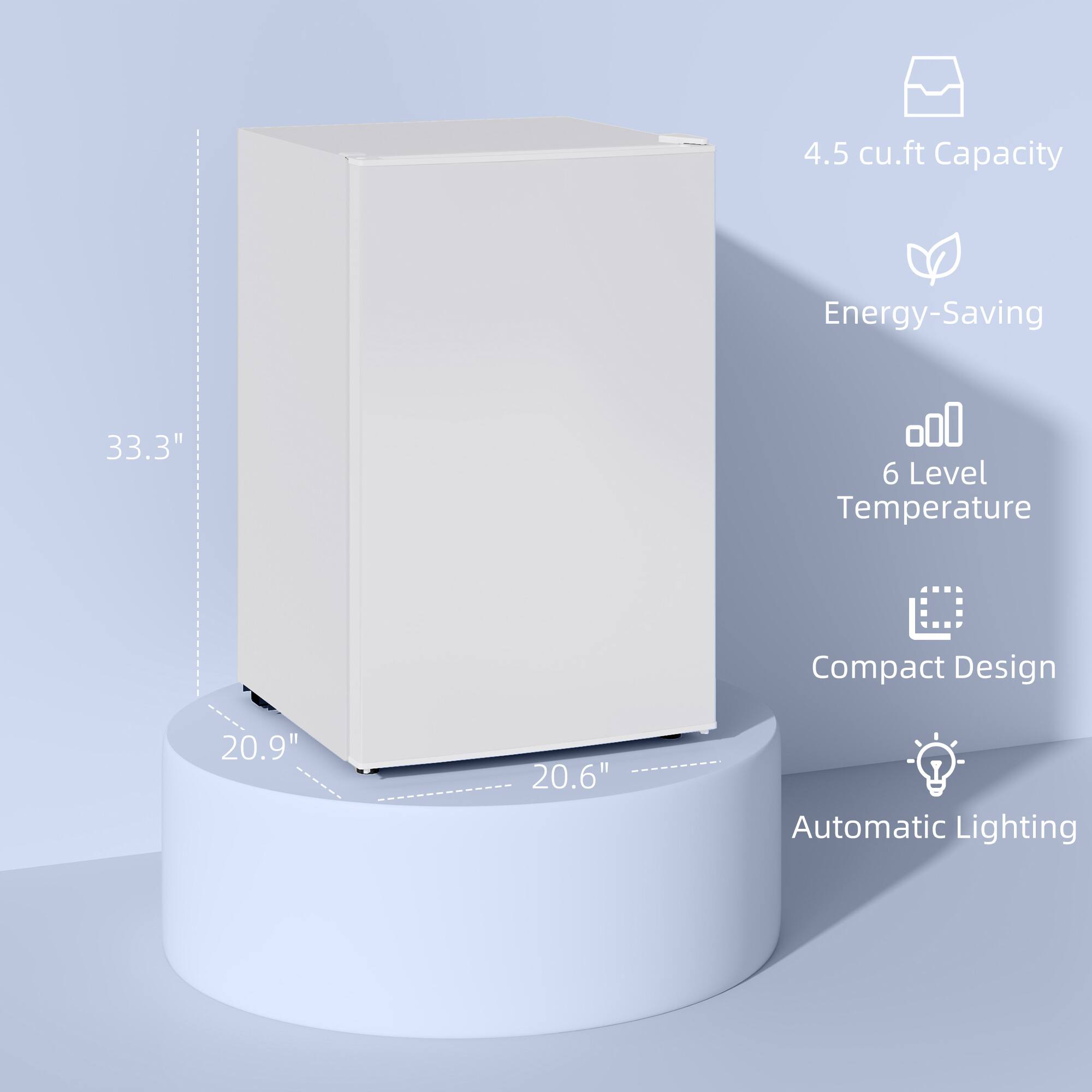 4.5 cu.ft Capacity, Energy-Saving, 6 Level Temperature, Compact Design, 20.9", 20.6", Automatic Lighting