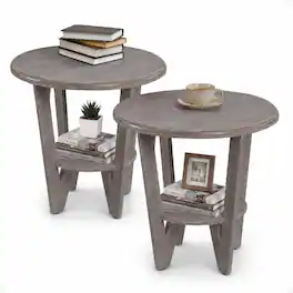 COZAYH - Rustic Farmhouse Wooden End Table & Storage Shelf, Vintage Grey, Set of 2 - Straight Leg