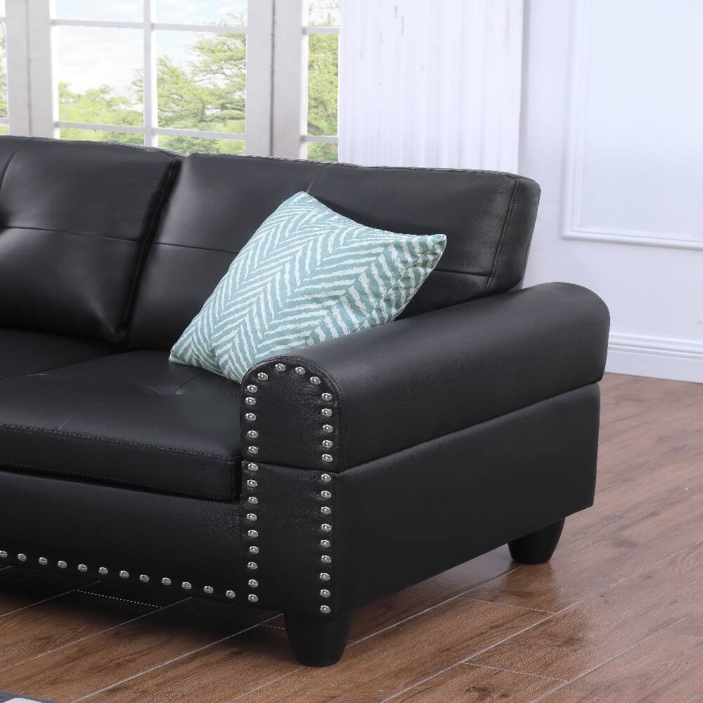 Alt View 3. Loheer - Loheer Faux Leather Sectional Sofa with Storage Ottoman Cup Holders - Black.