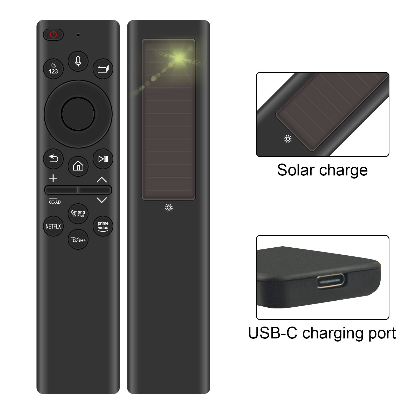 123 + II Solar charge CC/AD Smsng TV Fus NETFLX prime DIA the . USB-C charging port

Solar charge

USB-C charging port