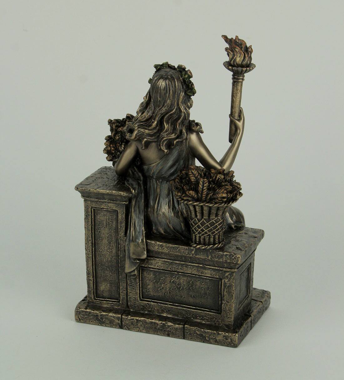 Alt View 2. Veronese Design - Demeter Goddess of the Harvest Sitting On Bench Holding Wheat and Torch Statue - Bronze.