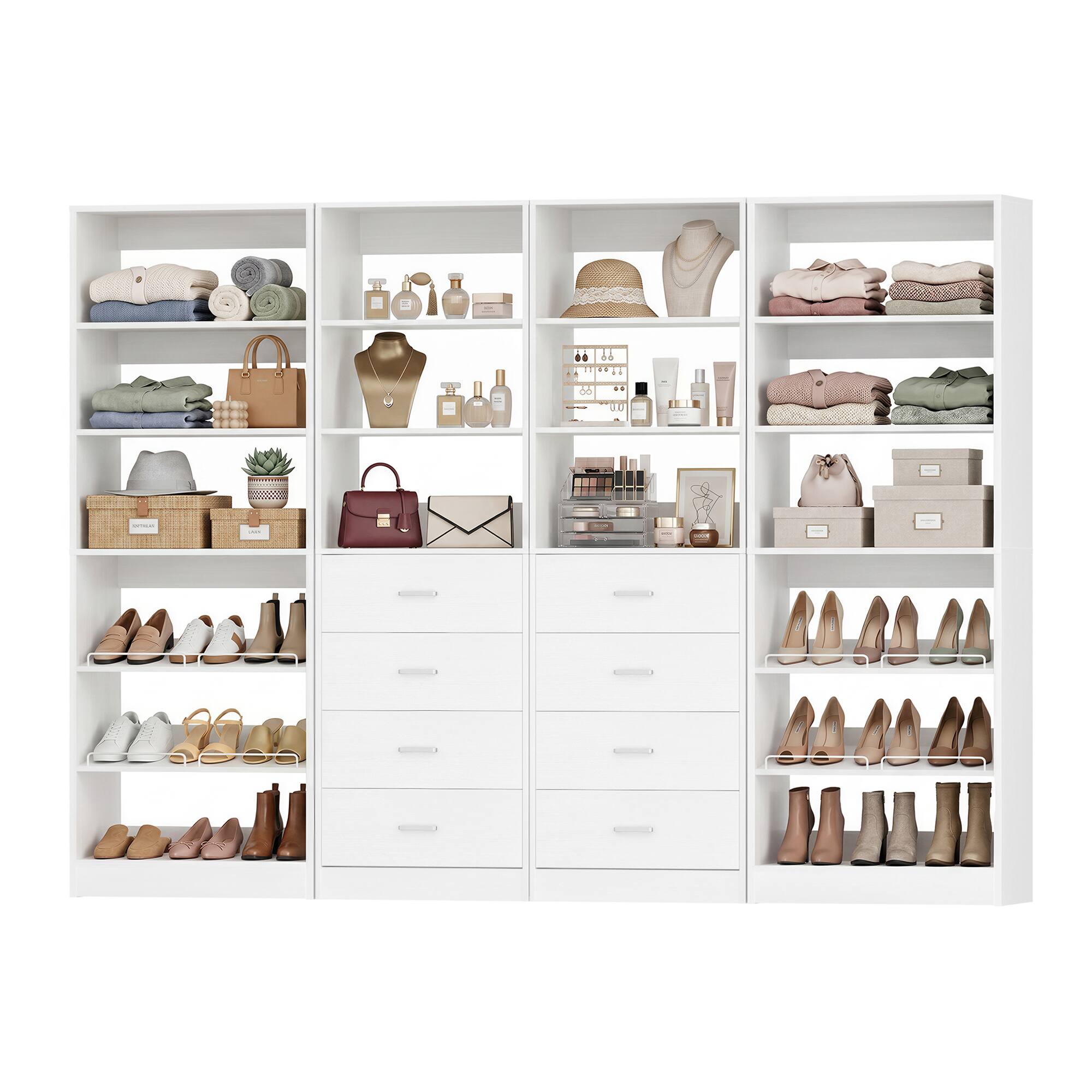 Angle. Aheaplus - 92.6'' Wide Walk-in Closet System with 8 Drawers and Adjustable Shelves, 4-Pack - White.