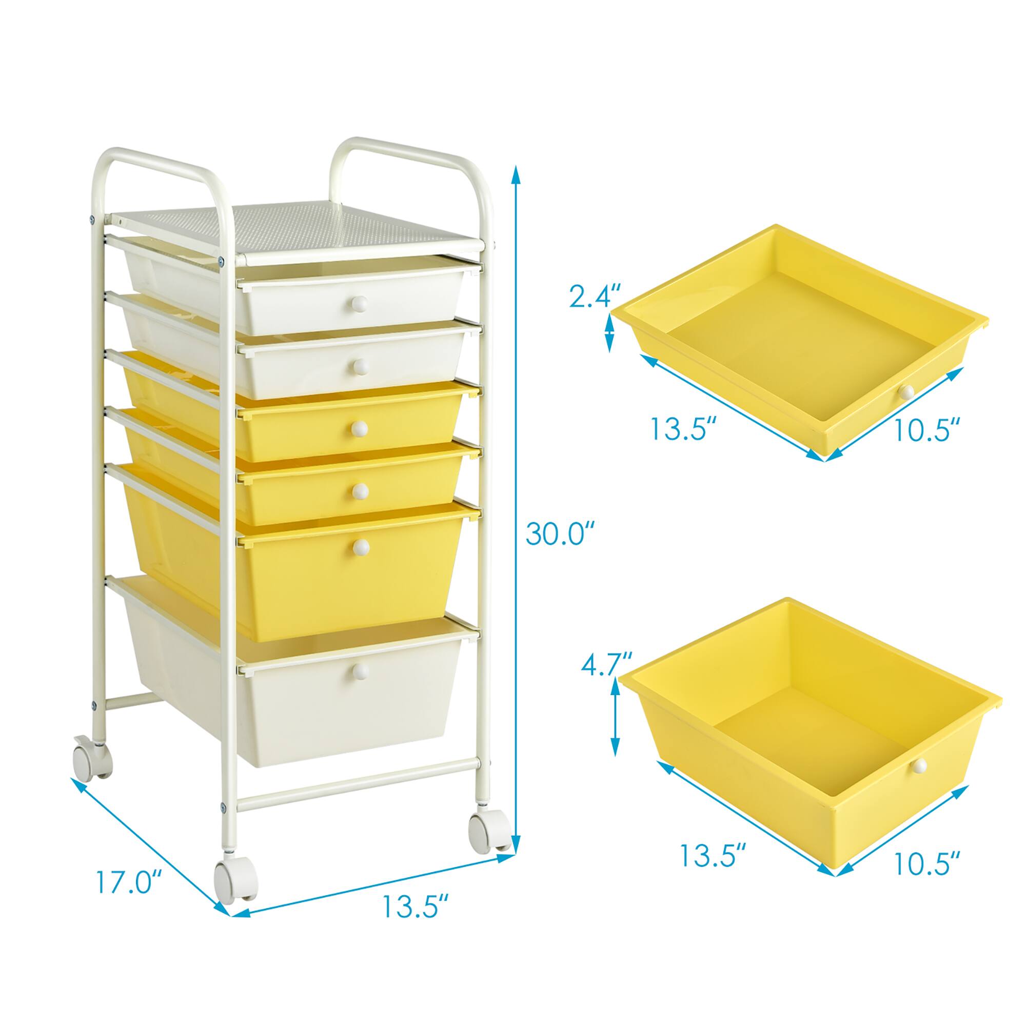The text on the image reads: "2.4" 13.5" 10.5" 30.0" 4.7" 17.0" 13.5" 13.5" 10.5". This text is describing the dimensions of the yellow container and the white container. The dimensions are in inches, and they include the height, width, and depth of each container.
