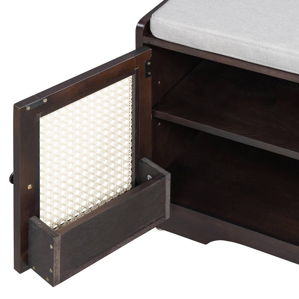 Angle. Ropilly - Ropilly Rustic Wood Entryway Storage Bench with Rattan Doors Removable Cushion Adjustable Shelves Espresso - Espresso.