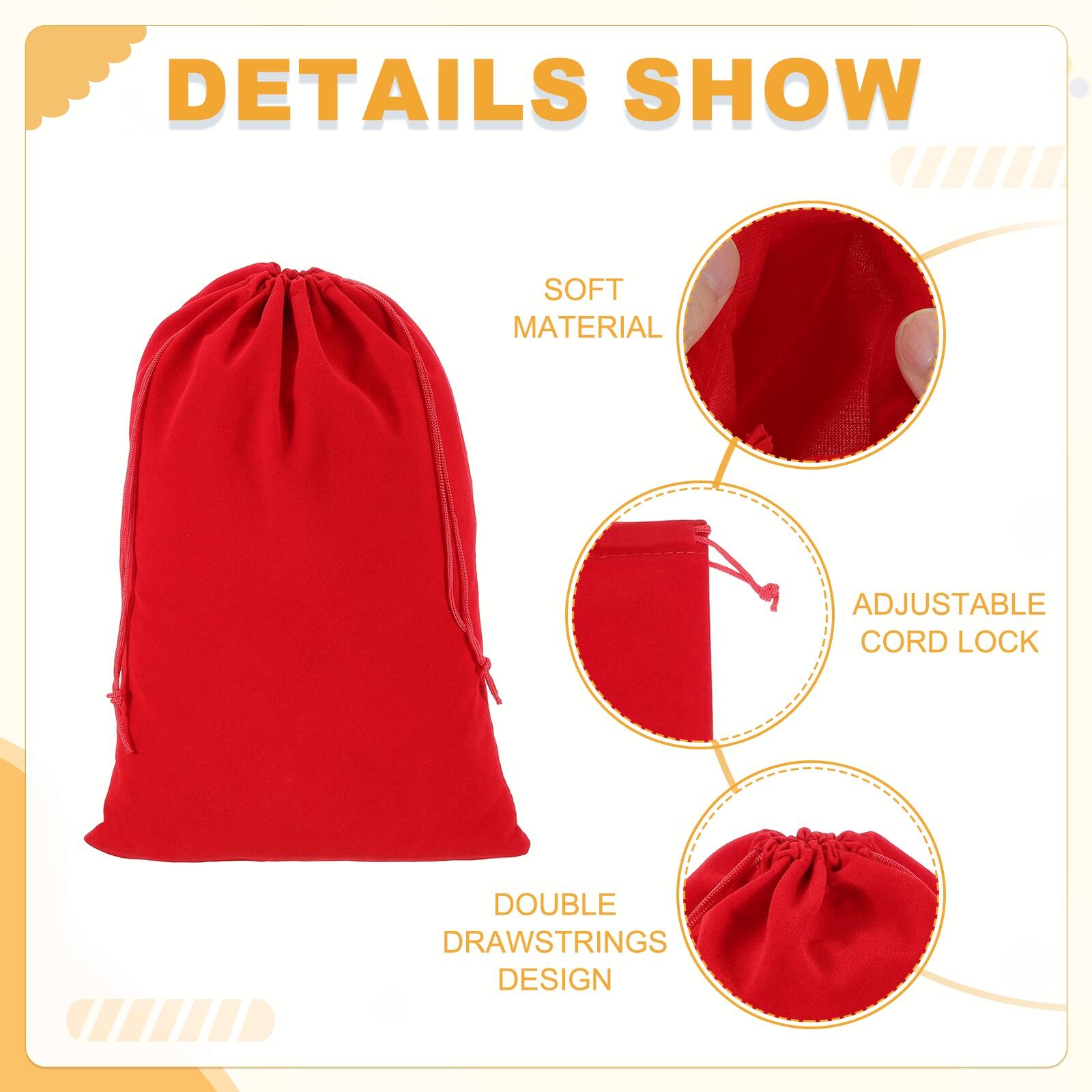 DETAILS SHOW

- SOFT MATERIAL
- ADJUSTABLE CORD LOCK
- DOUBLE DRAWSTRINGS DESIGN