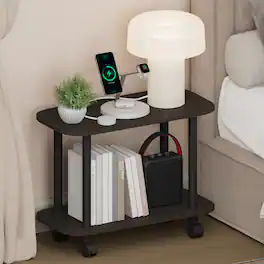 Furinno - TURN-N-TUBE Night Stand, 2-Tier Oval Nightstand, Round Corner Side Table, End Table with Open Shelf, Toolless Assembly - Espresso/Black